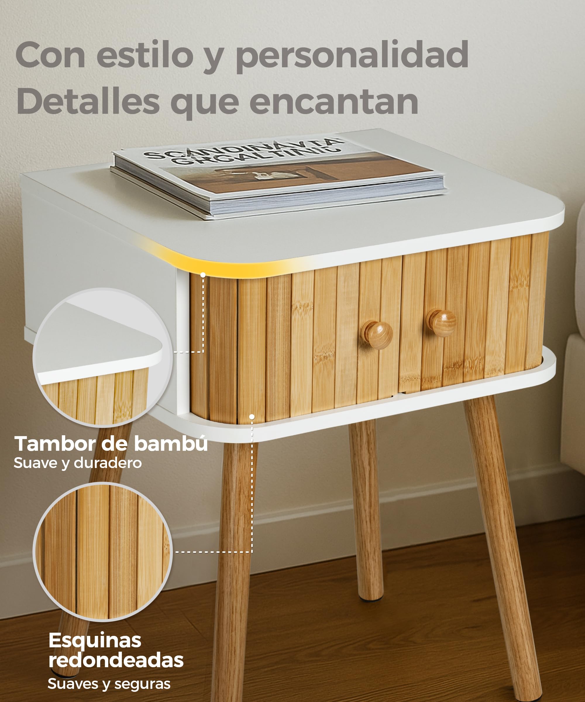 SUMGAR Mesita de Noche Blanca con 2 Puertas de Bambú Mesa Auxiliar Sofa