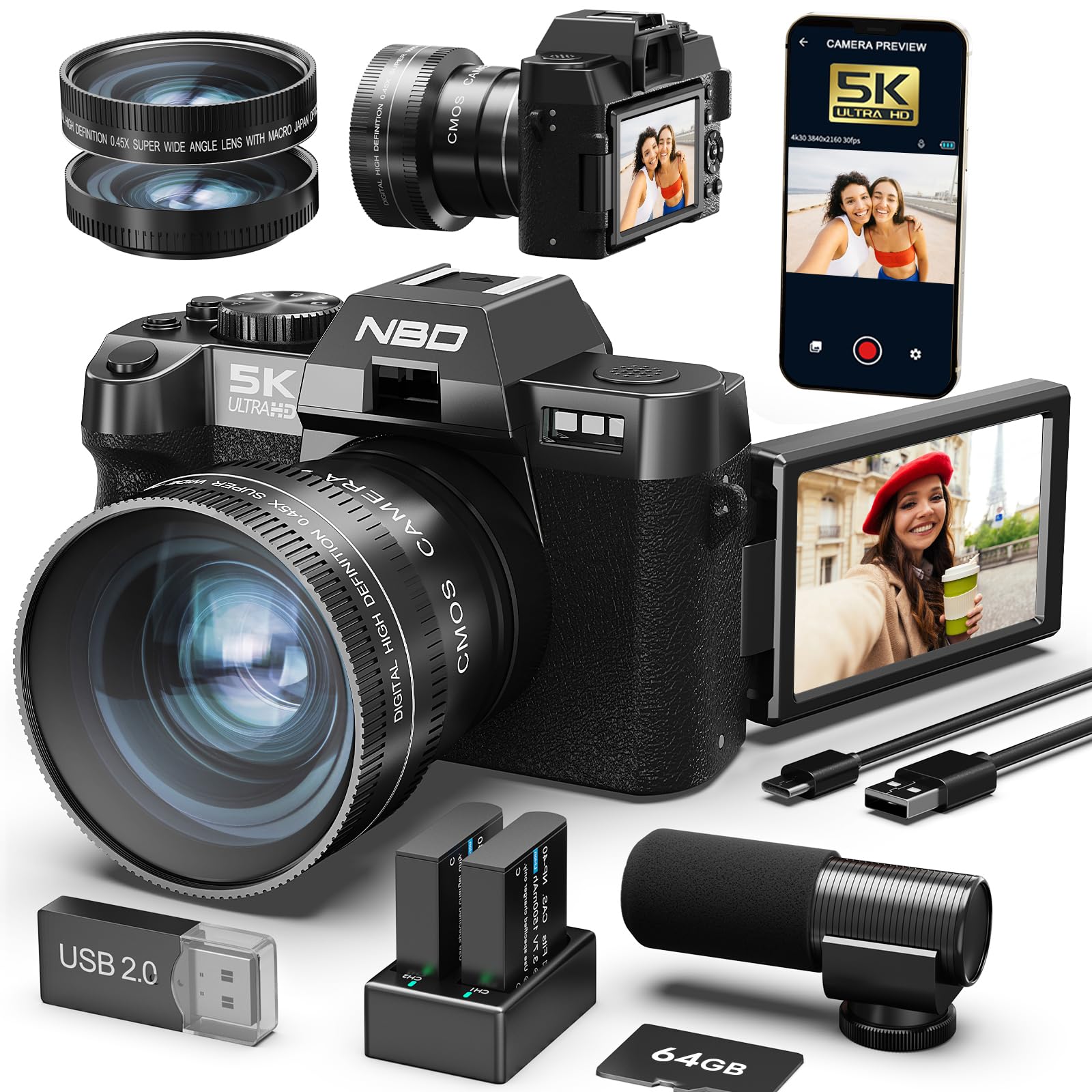 NBD Appareil Photo 5K 64MP, Autofocus, Zoom Numérique 16X | Écran 3" 180°, WiFi, Micro Externe, Grand Angle/Macro, 2 Batteries, Carte 32Go, Vlog, Voyage, Débutants