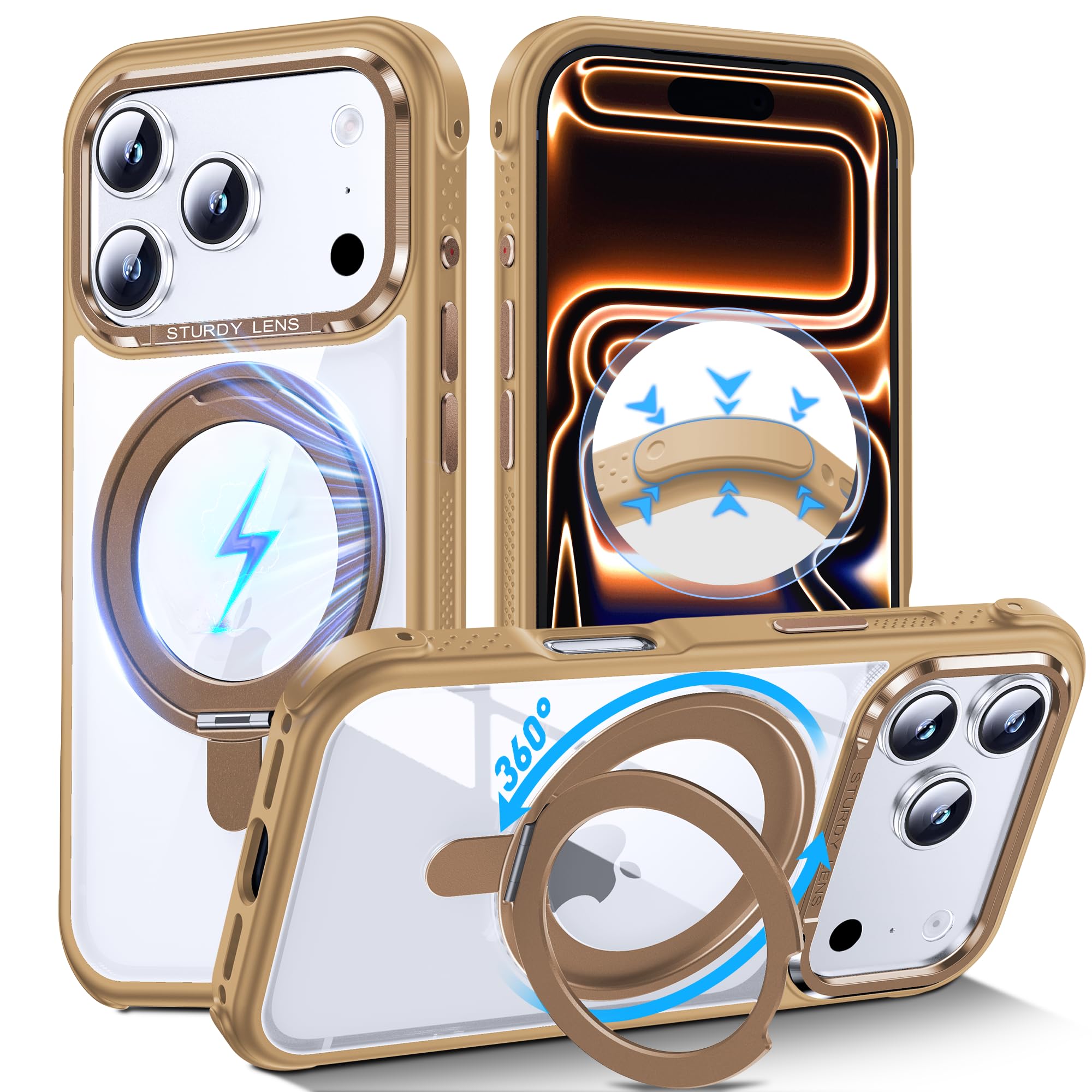 DASFOND 360° Spin Magnetic Stand Clear Case for iPhone 17 Pro, [Compatible with MagSafe] Never Yellowing Transparent Hard PC Back Non-Slip Bumper Shockproof Protection Phone Cover iPhone 17 Pro, Gold
