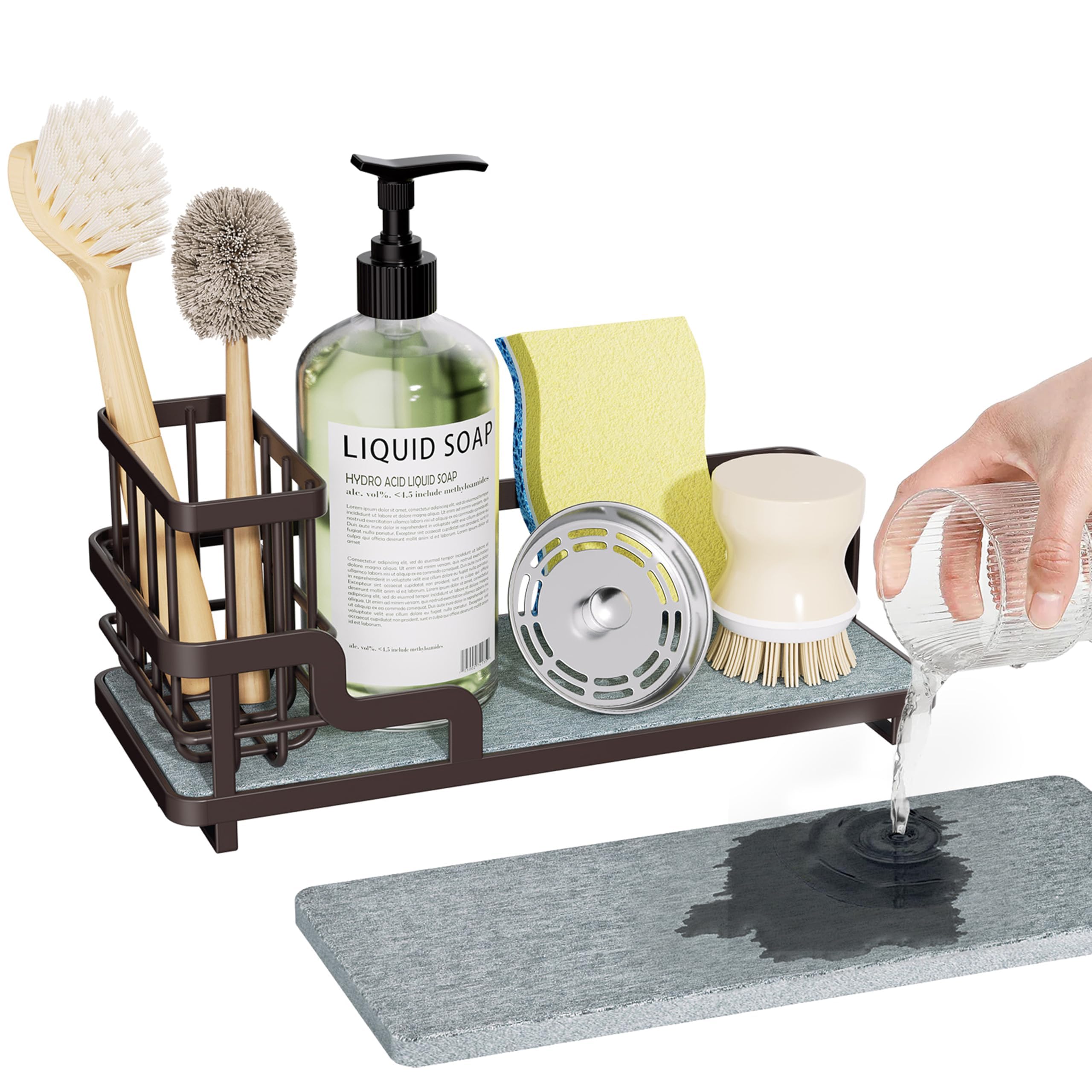 Consumest Schwammhalter für Küchenspüle – Spülbecken-Caddy Organizer mit wasserabsorbierender Steinablage, abnehmbarer Bürstenhalter, Edelstahl-Küchentheken-Organizer, Rack, Bronze