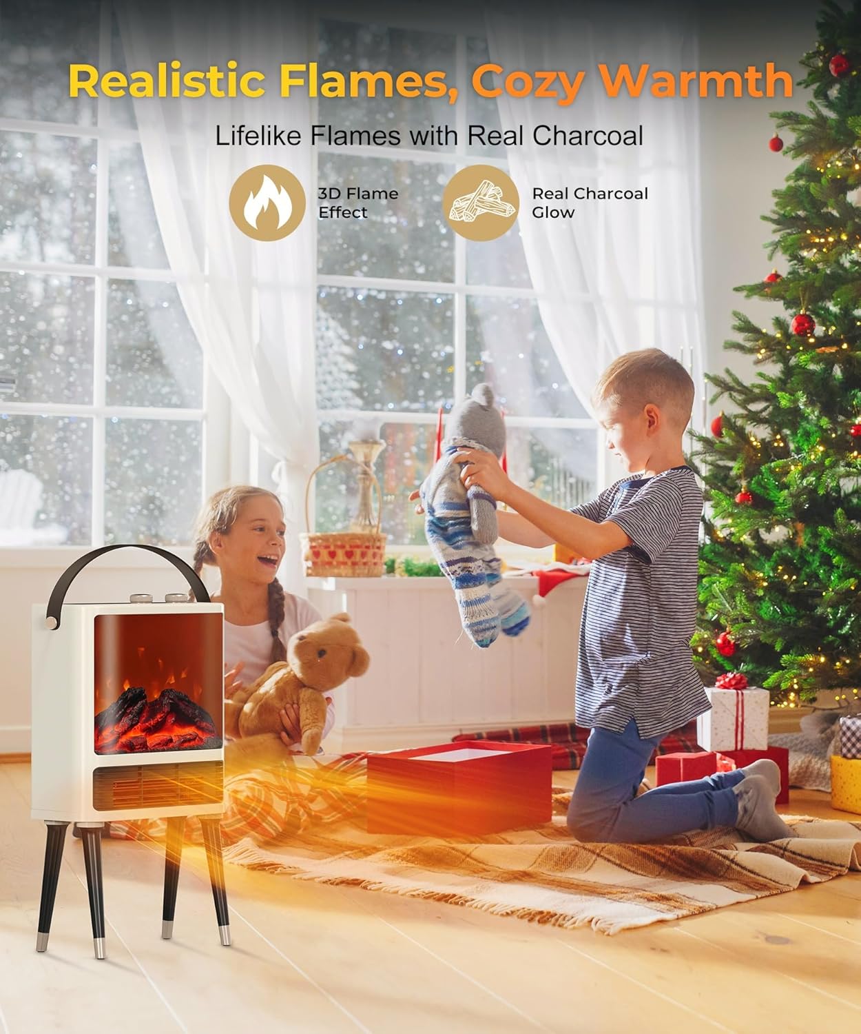 Fireplace Space Heater for Indoor Use, 1500W Freestanding Electric Heater with Realistic 3D LED Flame, 3 Modes, Overheating & Tip-Over Protection, Small Portable Heater for Bedroom Room Office, White