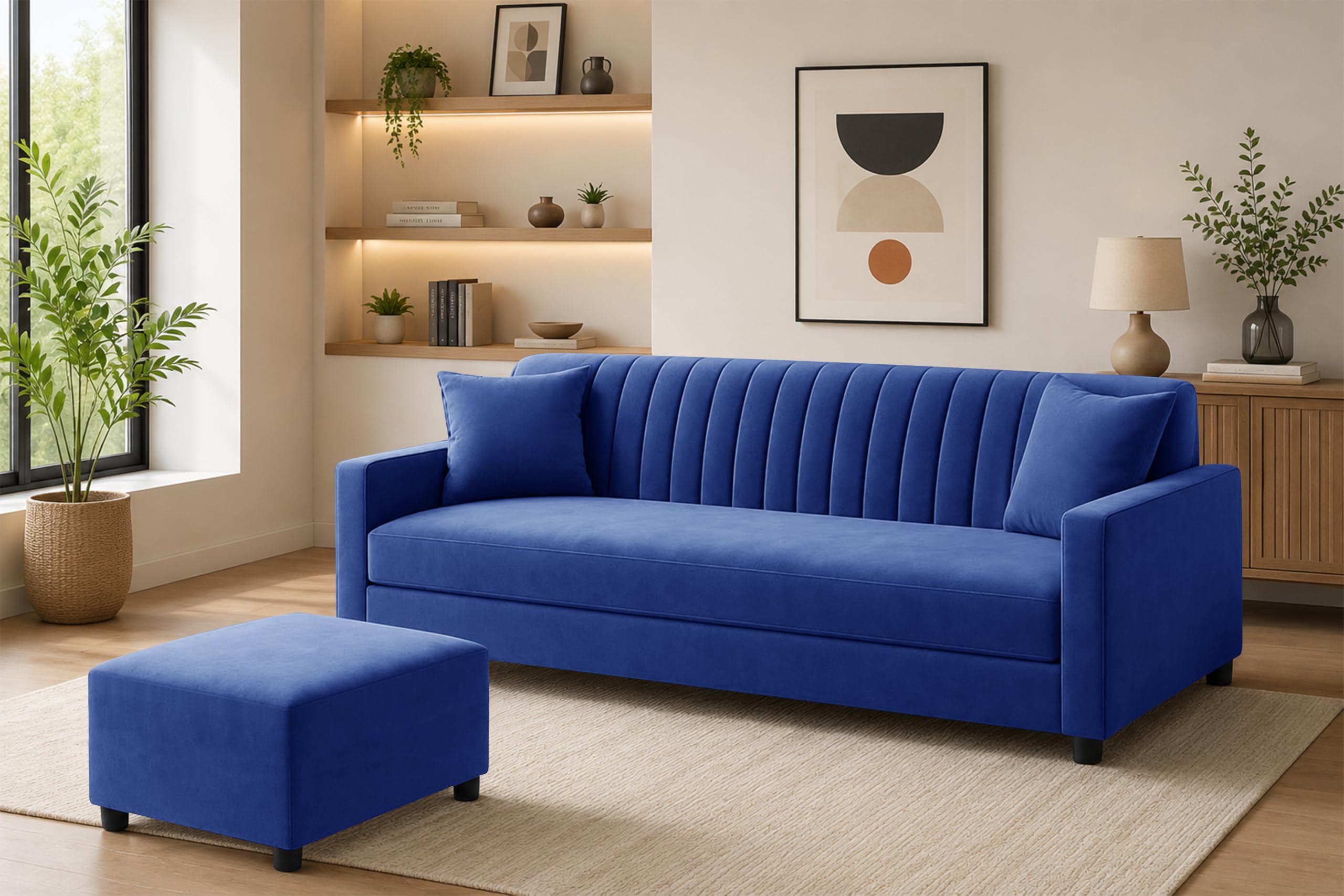 Deco Studio Modern 3-Seater Wooden Sofa Set with Ottoman, Soft Velvet Upholstery, Comfortable Couch for Living Room, Office & Apartment - Blue Color