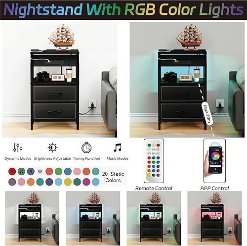 Miniatura 5 de Mesa auxiliar con luz, mesita de noche LED con 2 cajones y estación de carga tipo C, cómoda de tela pequeña para mesita de noche, mesa auxiliar de