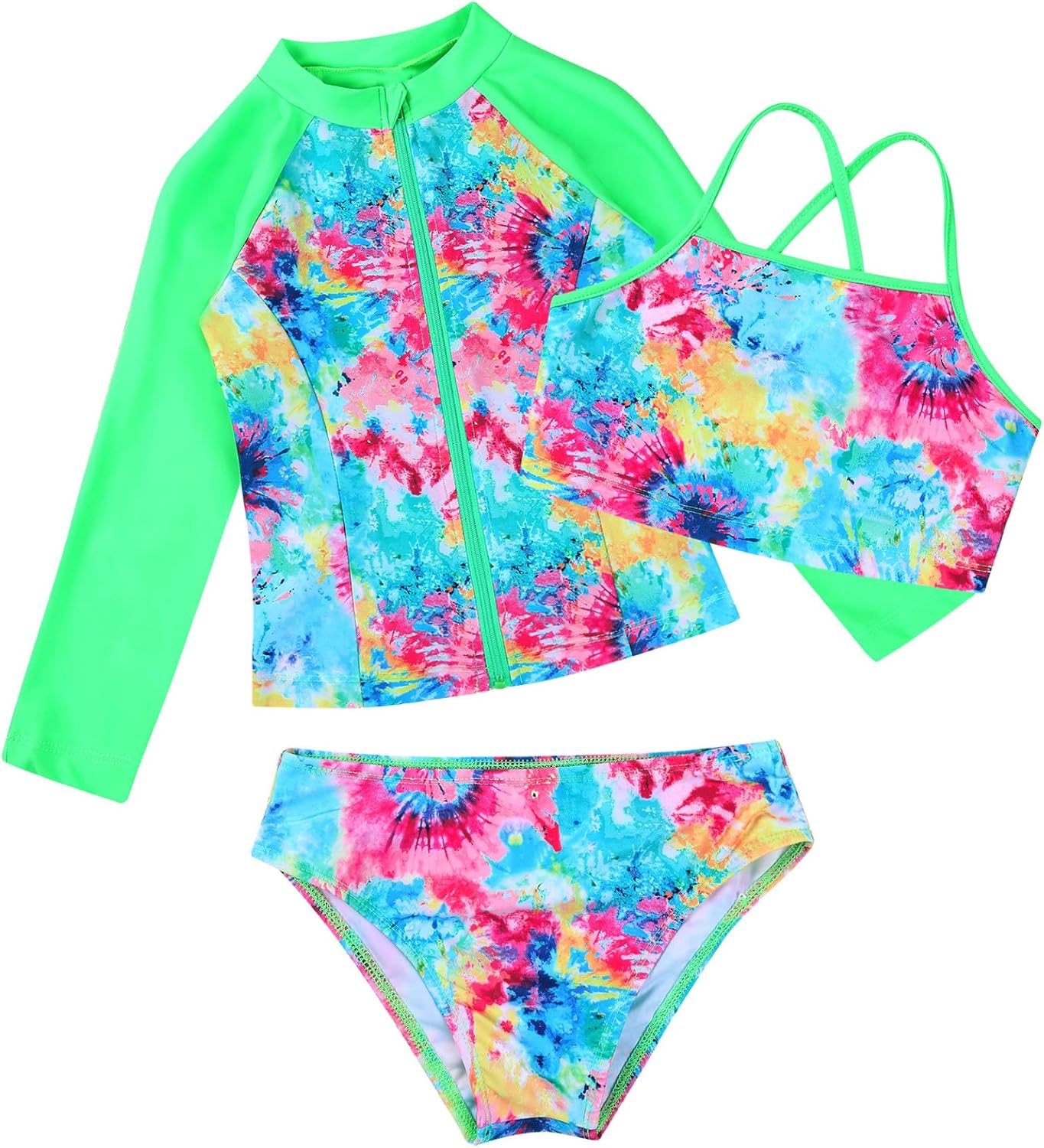 Kids Girls 3 Pieces Long Sleeve Zipper Rash Guard Swimsuit Tankini Swimwear Set Sunsuits UPF 50+