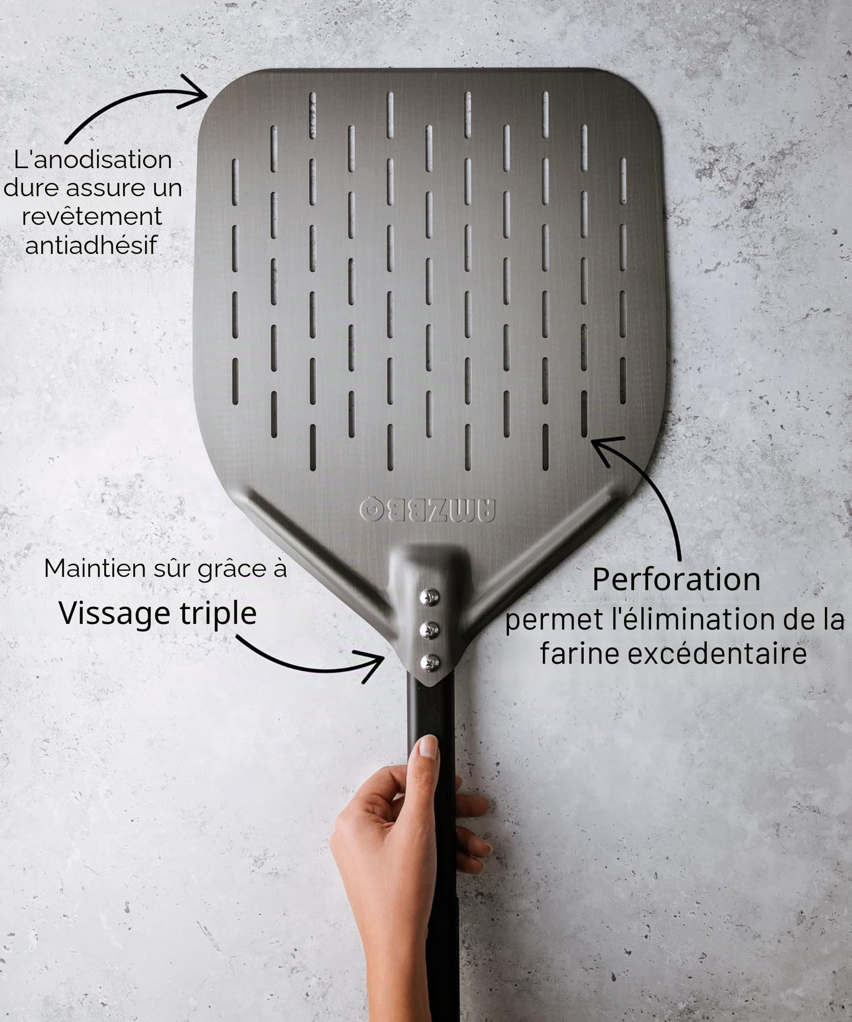 AMZBBQ Pelle à pizza de qualité supérieure - [Manche long] - Pelle à pizza perforée en aluminium anodisé dur - Facilite le glissement de la pâte à pizza - Accessoires de barbecue cadeau [Largeur : 40