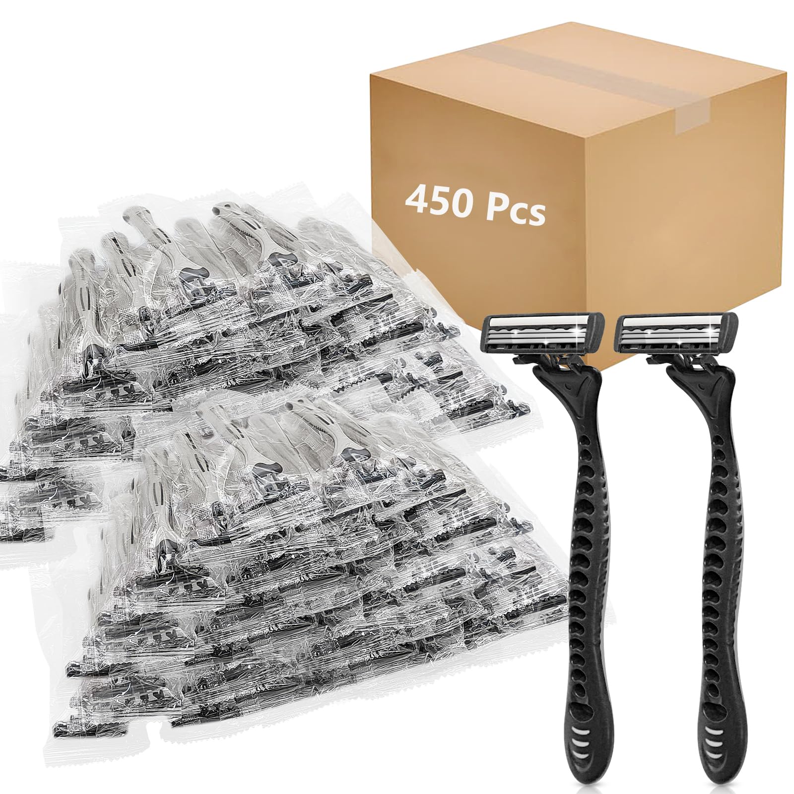 (450 Pack) Kheoxusa 3 Blade Disposable Razor,Three Blade Disposable Razor,Triple Blade Disposable Razor,Disposable Razor Individually Wrapped,Disposable Razor for Airbnb,Travel,Hotel,Tattoo-Grey Black
