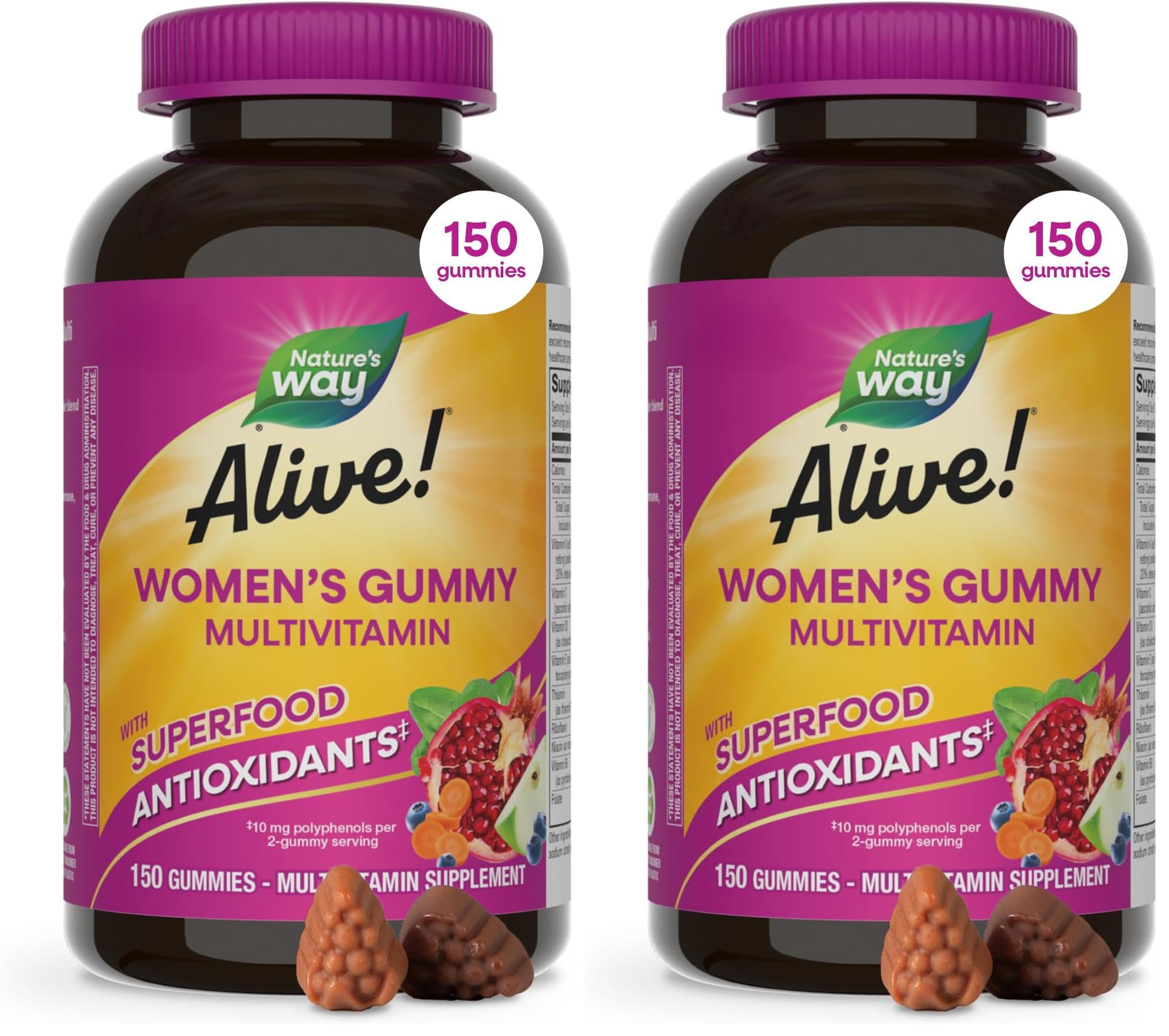 Nature's Way Alive! Women's Daily Gummy Multivitamins,16 Vitamins & Minerals,Energy Metabolism*,Hair Skin & Nails*,Vegetarian,Mixed Berry Flavored,150 Gummies (Packaging May Vary),(Pack of 2) 150 Count (Pack of 2)
