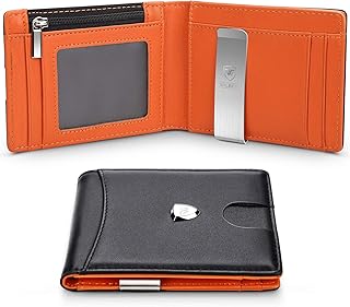 Portafoglio Uomo Vera Pelle Blocco RFID con fermasoldi, Piccolo Portafogli con tessere tascabile documenti, porta carte di credito, finestra di ID, Portafoglio con confezione regalo -Nero e arancione