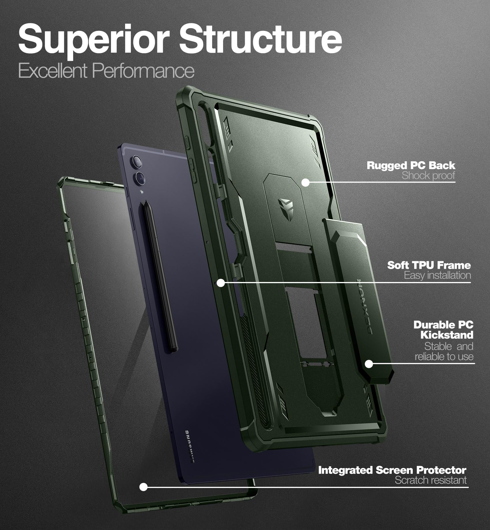 Dexnor Compatibile con Samsung Galaxy Tab S9 Ultra/S8 Ultra Cover [Protezione dello schermo integrata e supporto], Custodia protettiva antiurto durevole di grado militare Case - Verde Militare