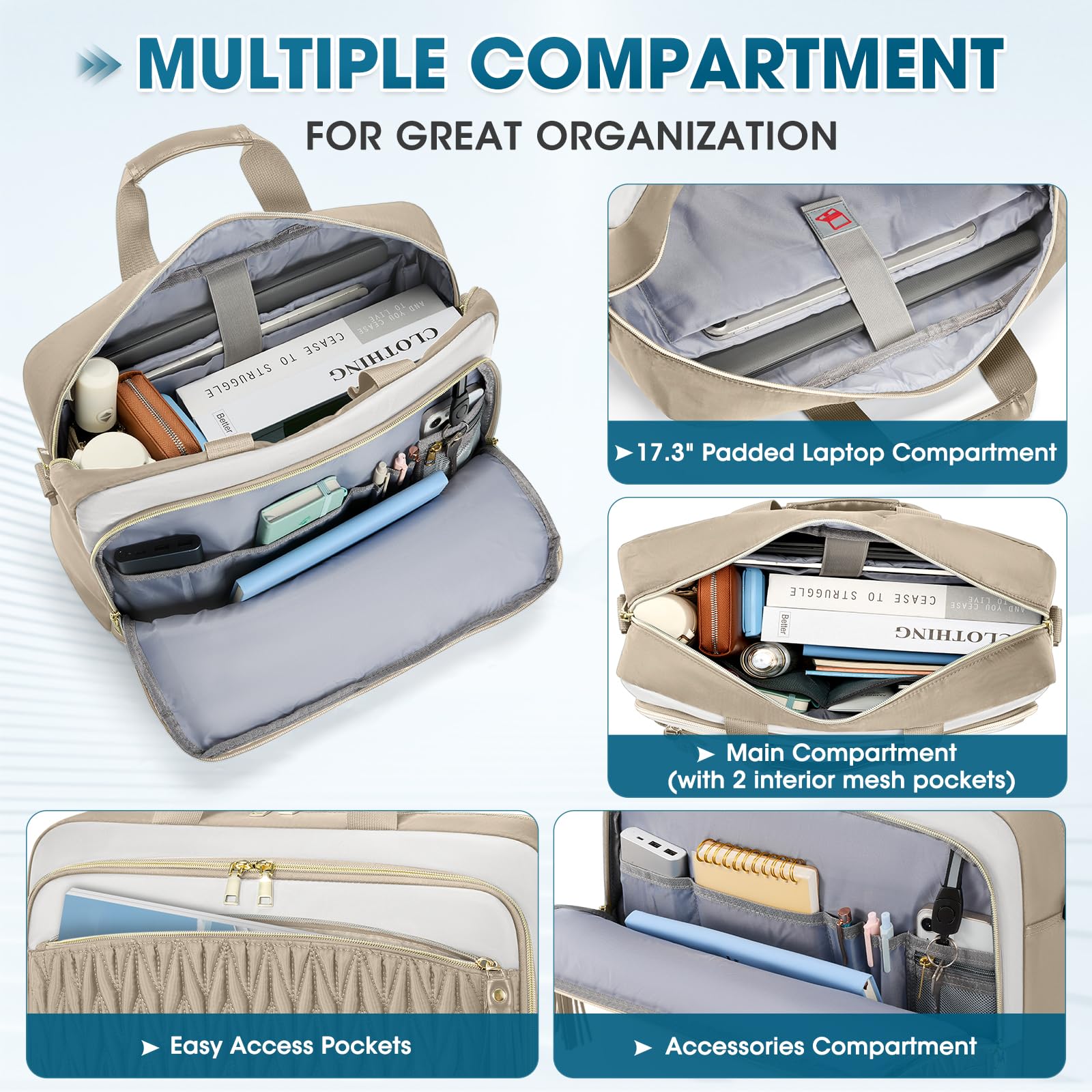 RAINSMORE Bolso Portatil Mujer 17,3 Pulgadas Maletín Portátil Impermeable Bolso Trabajo Portadocumentos Grande Bolso Ordenador para Oficina Universidad Caqui