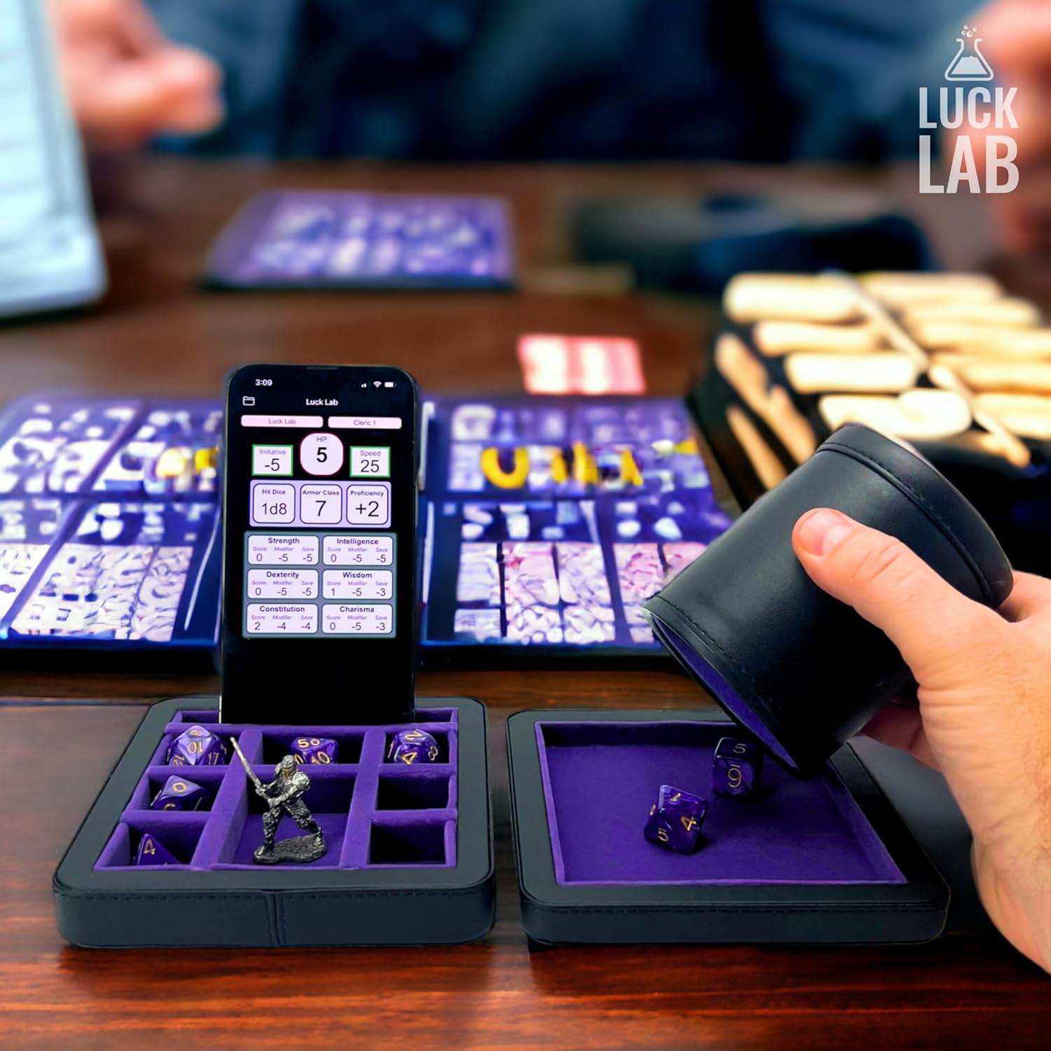 Luck Lab Compact Magnetic Dice Case with Dice Tray and Phone Stand - Dice and Miniature Staging and Storage for RPG,D&D Tabletop Gaming (Purple)