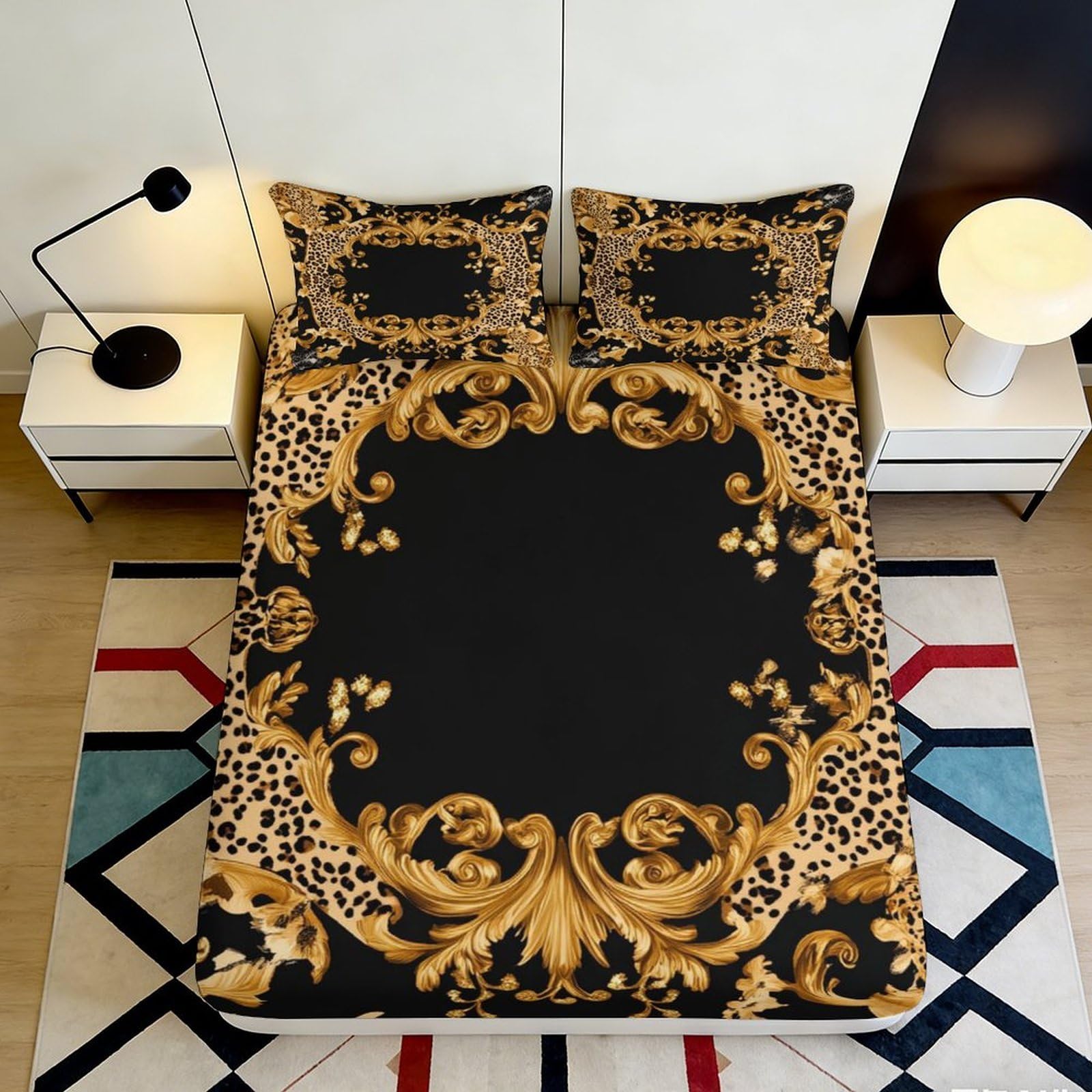 3D Printed Baroque Pattern Fitted Sheet Microfiber Deep Pocket Non-Slip Bedroom Bedding Baroque Mattress Fitted Cover 200x200x25cm