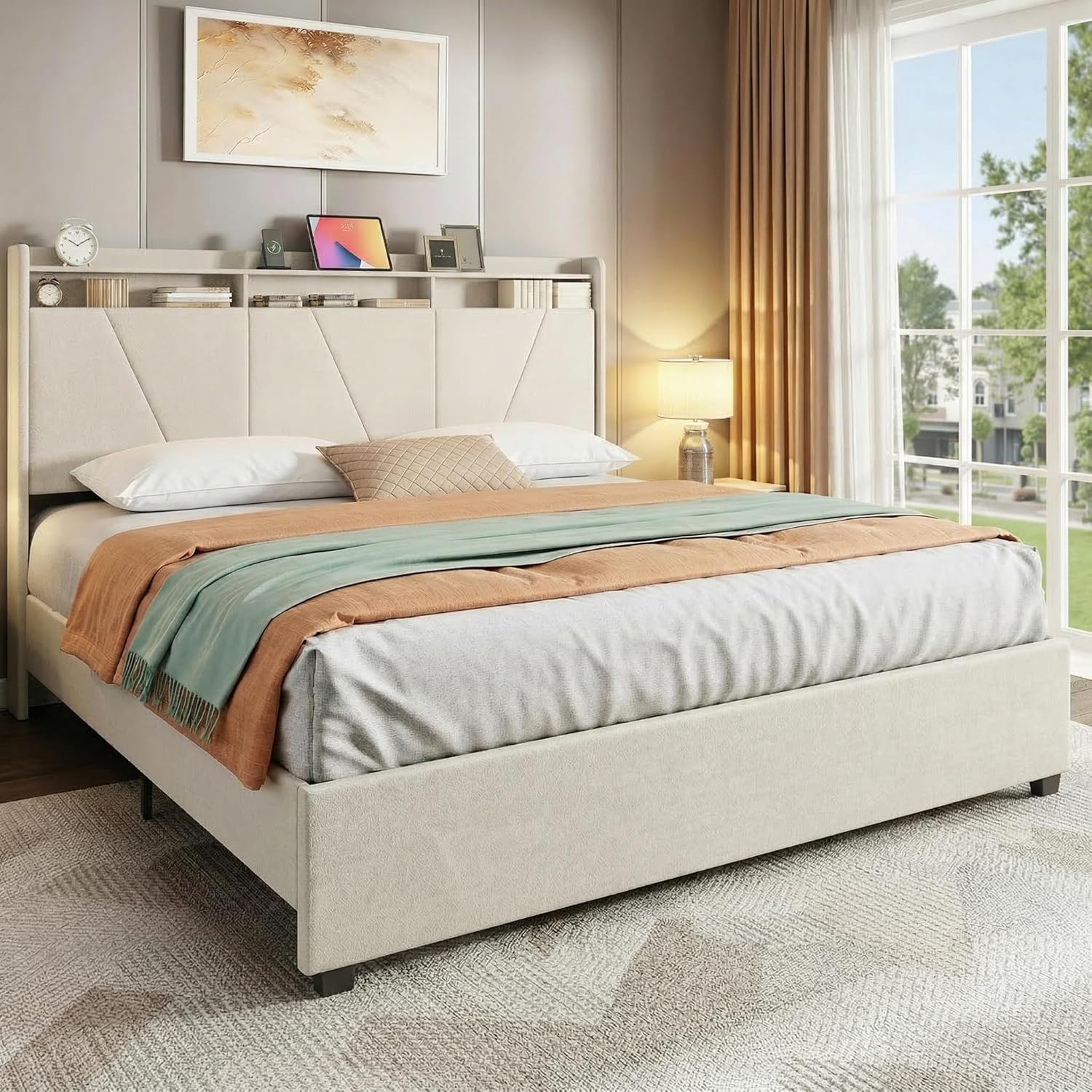 BedsPick King Bed Frame with Tall Headboard, 55.3" Upholstered Platform King Size Bed Frame, Velvet Upholstered Headboard with Wingback, No Box Spring Needed, Noise Free/Easy Assembly, Beige