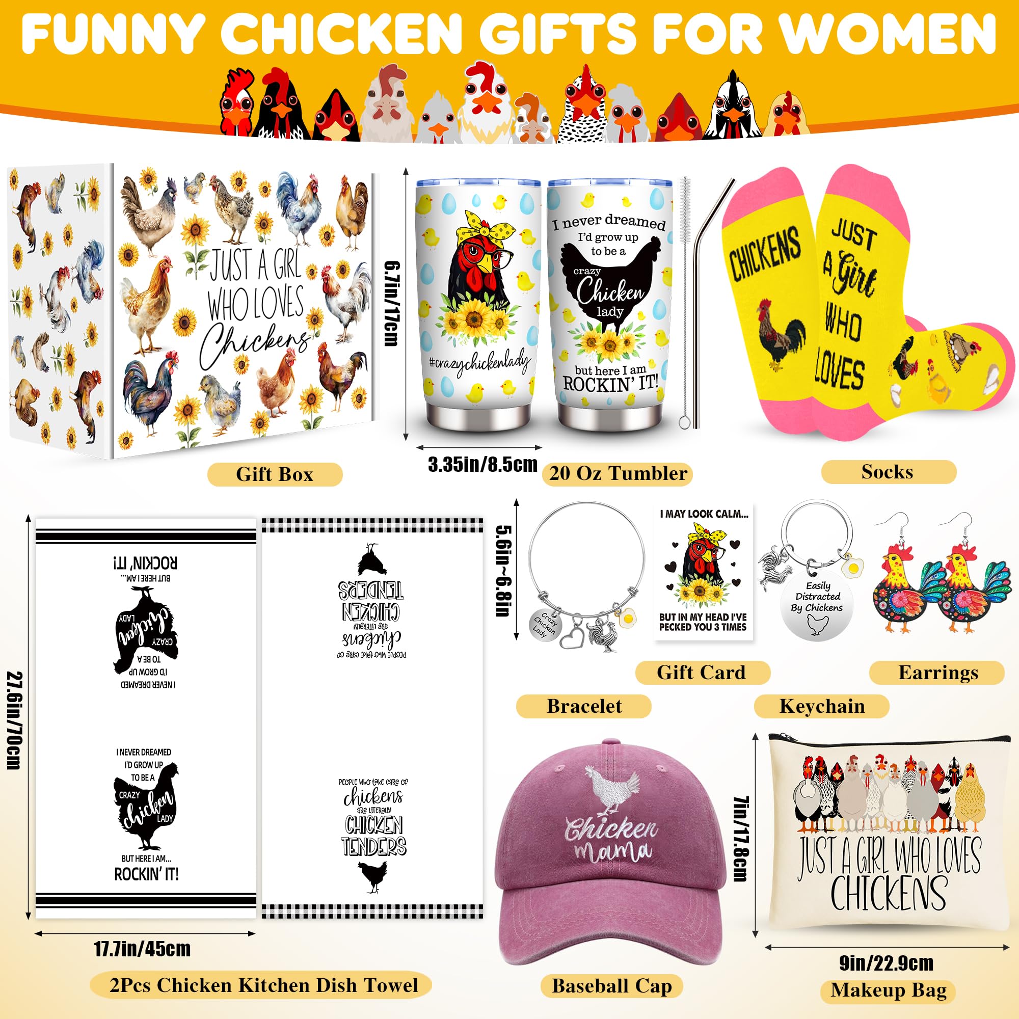 Chicken Gifts, Chicken Lover Gifts for Women, Funny Chicken Stuff with 20 Oz Tumbler Hat Socks Makeup Bag 2 Chicken Kitchen Towel Bracelet Keychain Earrings, Chicken Lady Birthday Chirstmas Gift