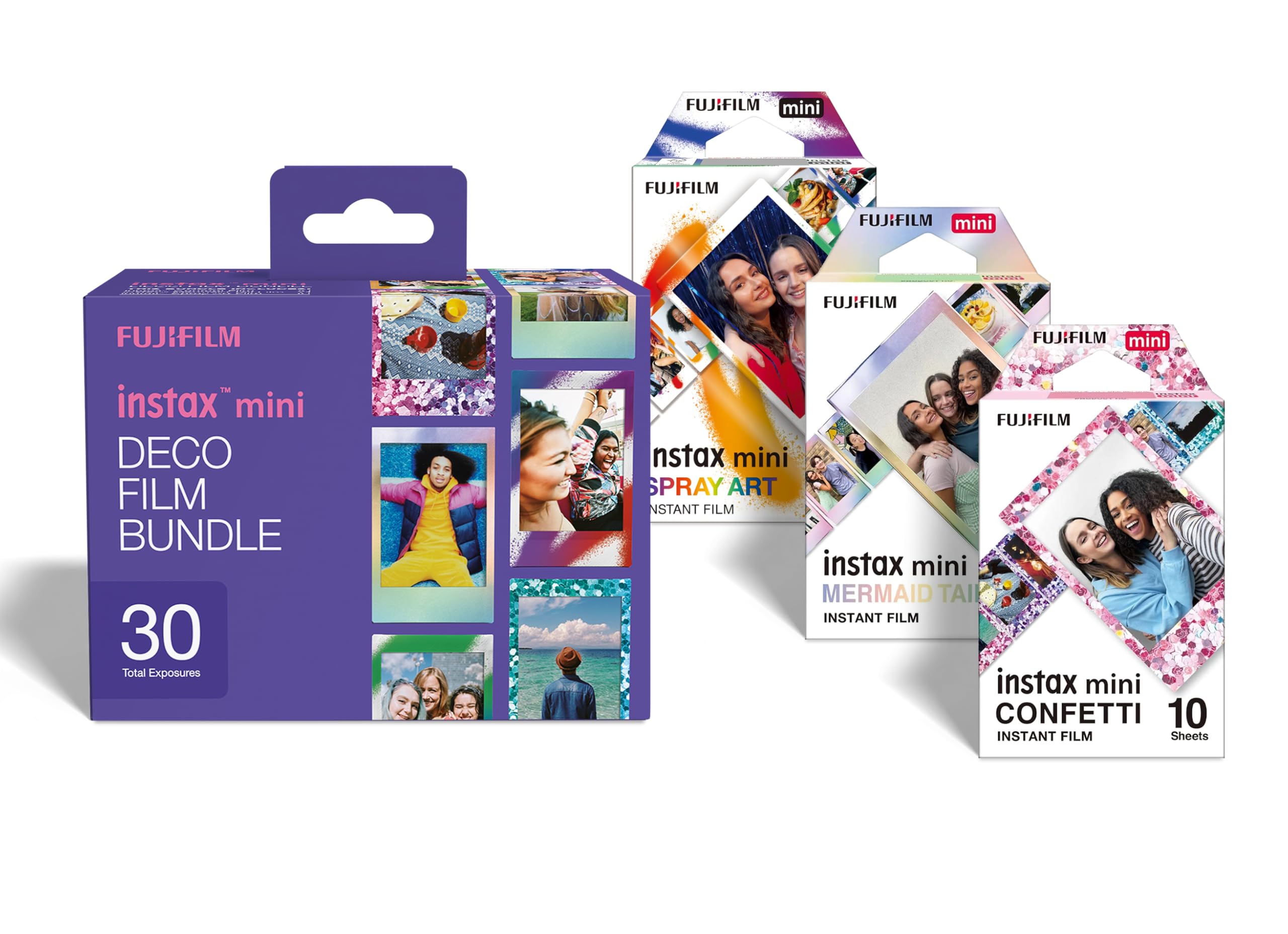 instax Mini Deco Film Bundle, 30 Films Comprenant 1 Pack de 10 Films de Chaque Produits avec Bordure Confetti, Mermaind Tail et Spray Art