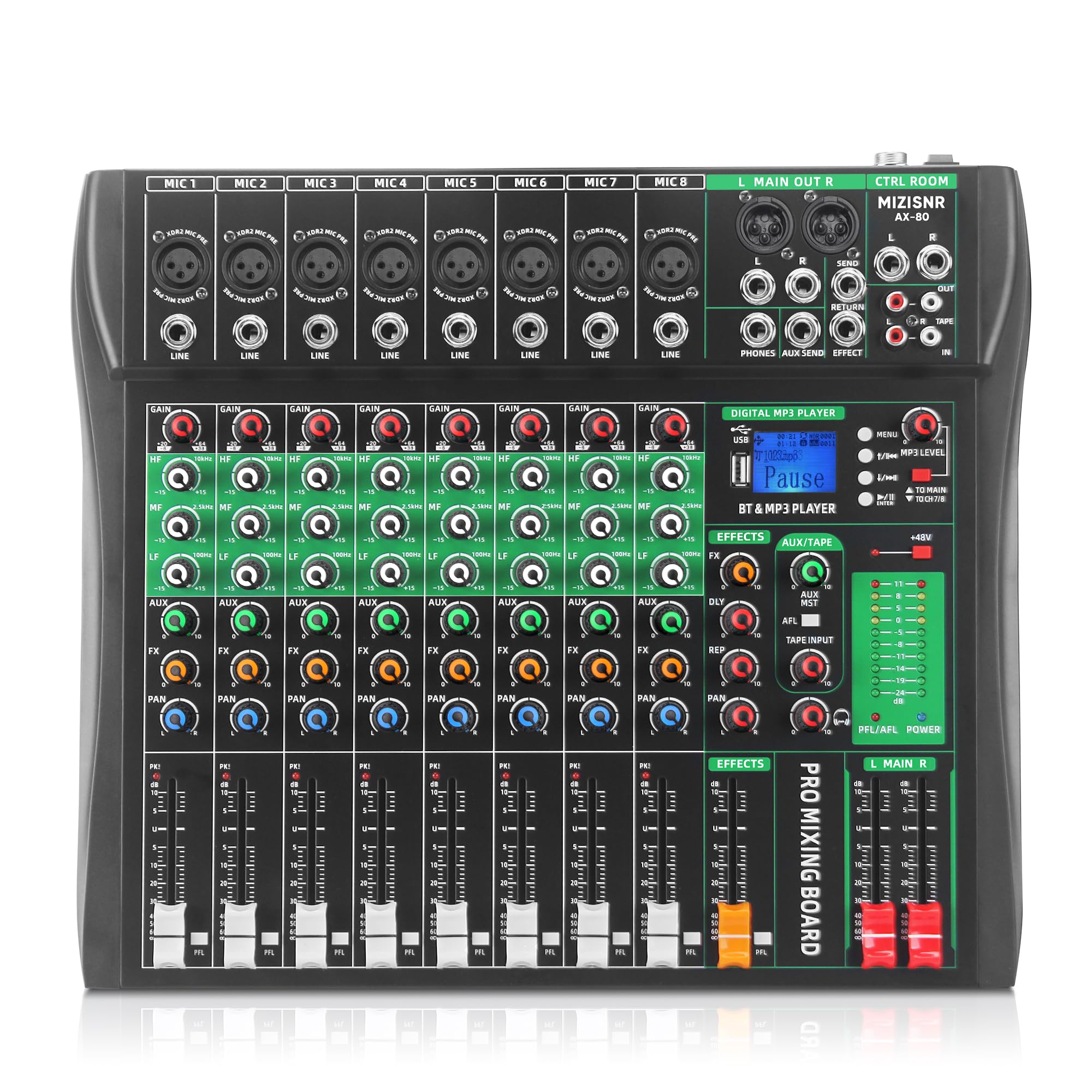 8 Channel Audio Mixer, Professional DJ Mixer Board Sound Music Mixing Console Digital Mixer with Reverb, Bluetooth, USB Port, 48V Phantom Power for Recording Karaoke Podcasting