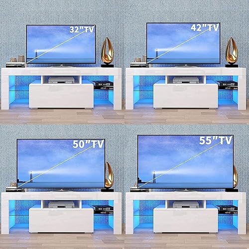 Miniatura 4 de Goujxcy Soporte de TV blanco para televisores de 55 pulgadas, soporte de TV con centro de entretenimiento con luces LED, consola de TV, mueble