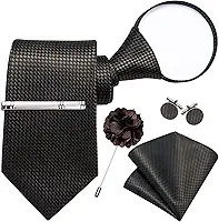 DiBanGu Conjunto de gravata masculina de seda com zíper, gravata xadrez lisa pré-amarrada ajustável, lenço de bolso, alfinete de lapela e prendedor de gravata, marrom.