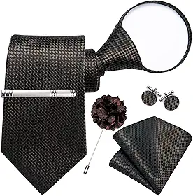 DiBanGu Conjunto de gravata masculina de seda com zíper, gravata xadrez lisa pré-amarrada ajustável, lenço de bolso, alfinete de lapela e prendedor de gravata, marrom.