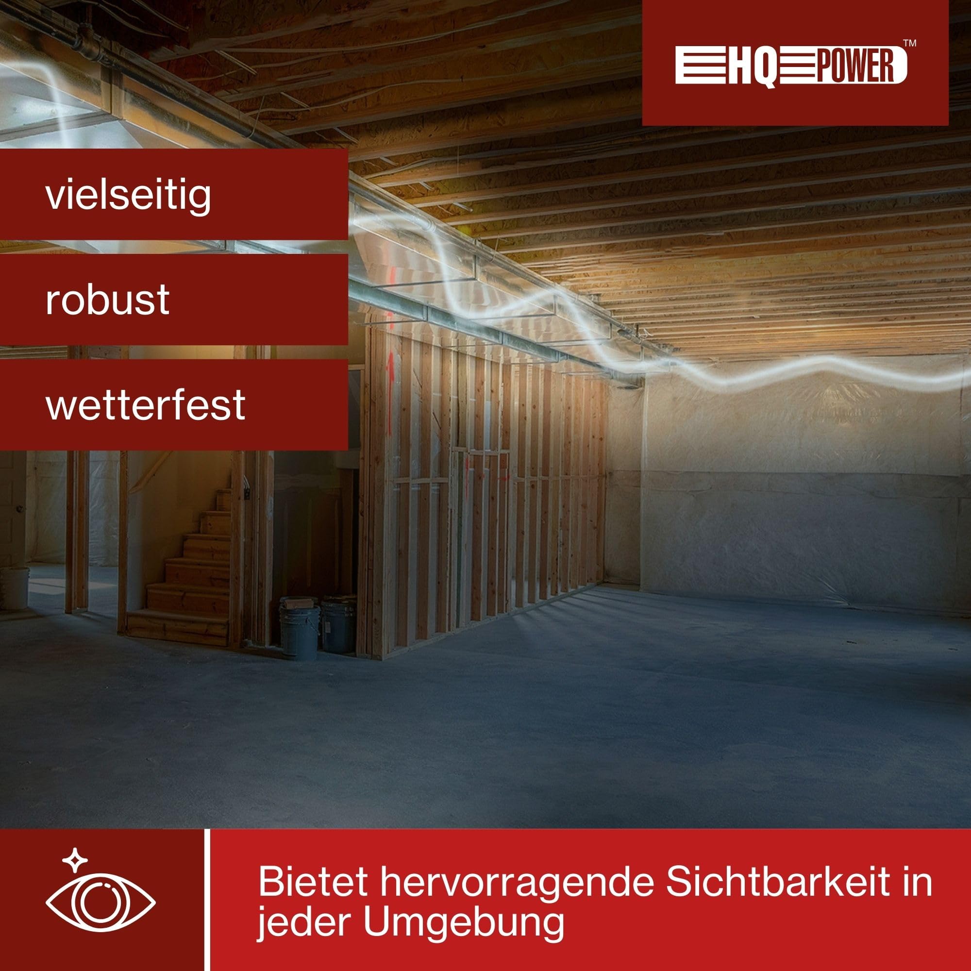HQ-Power Flexibler LED-Lichtschlauch auf Trommel, Sicherheitsbeleuchtung für Profis, 6500 °K 2850 lm, zum Beleuchten von Baustellen, Treppenhäusern, Aufzugsschächten, geeignet für innen und außen, 30