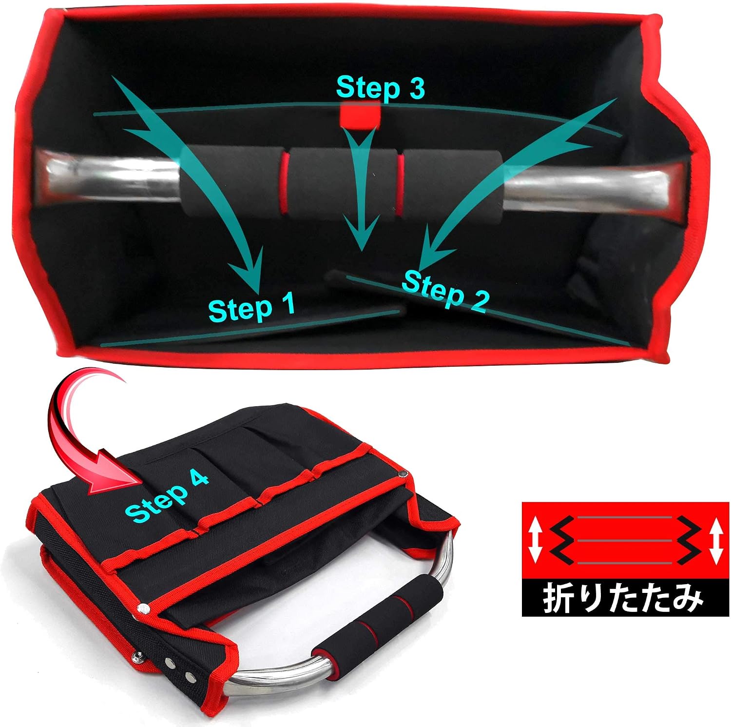 HAUTMEC 13-Inch Foldable Open Top Tote Bag, 8-Pocket Wide Mouth Tool Bag, Tubular Steel Heavy Duty Electrician Tool Bin for Tool Organization and Storage TB0001