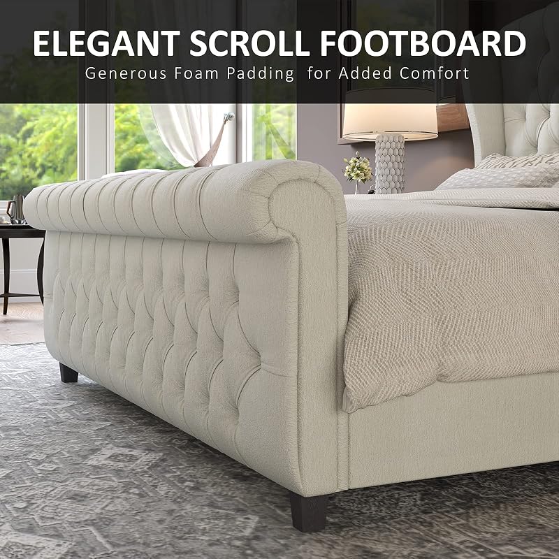 AMERLIFE Queen Size Upholstered Sleigh Bed Frame with Wingback Headboard image 6