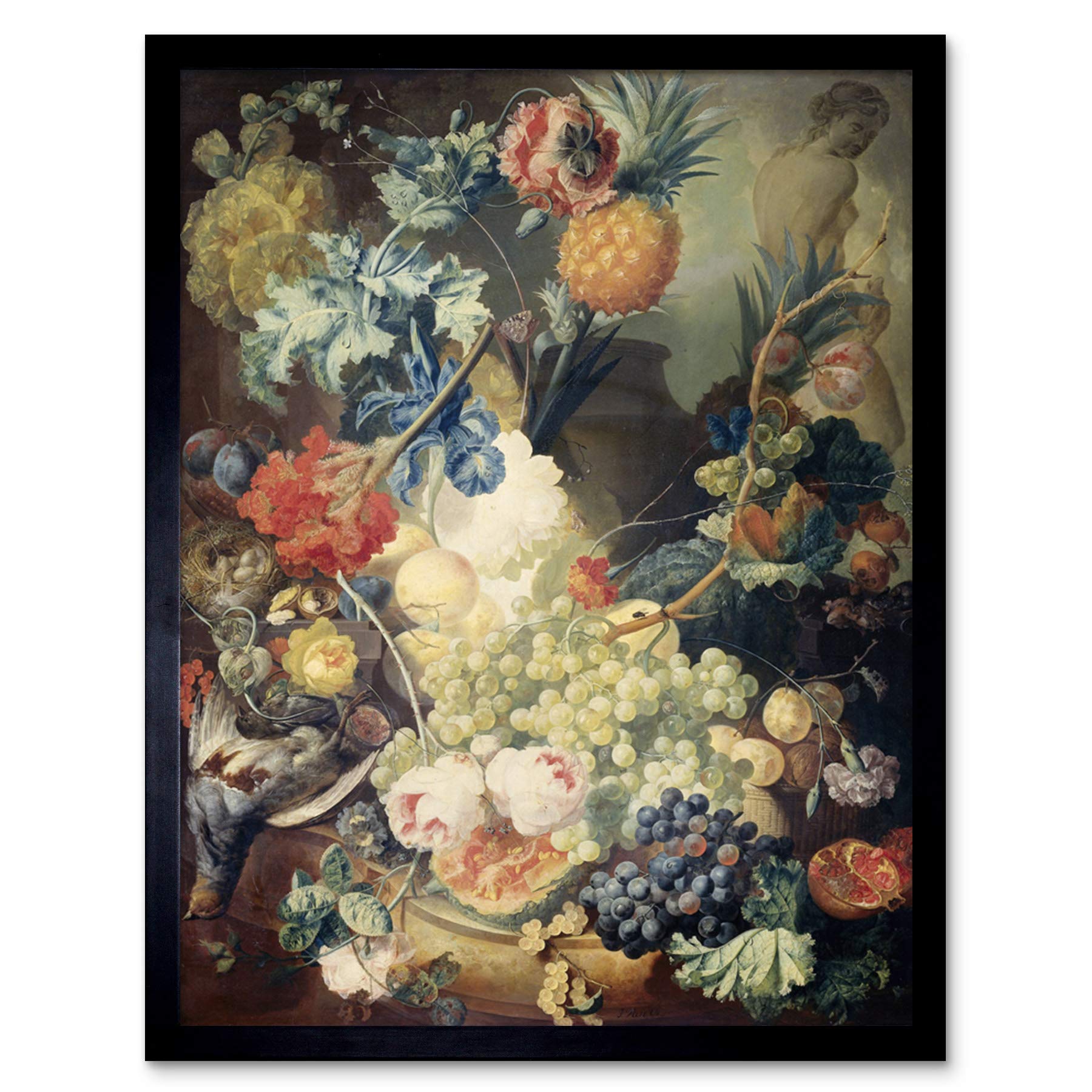 Artery8 Van Os Still Life Flowers Fruits Birds Painting Art Print Framed Poster Wall Decor 12x16 inch