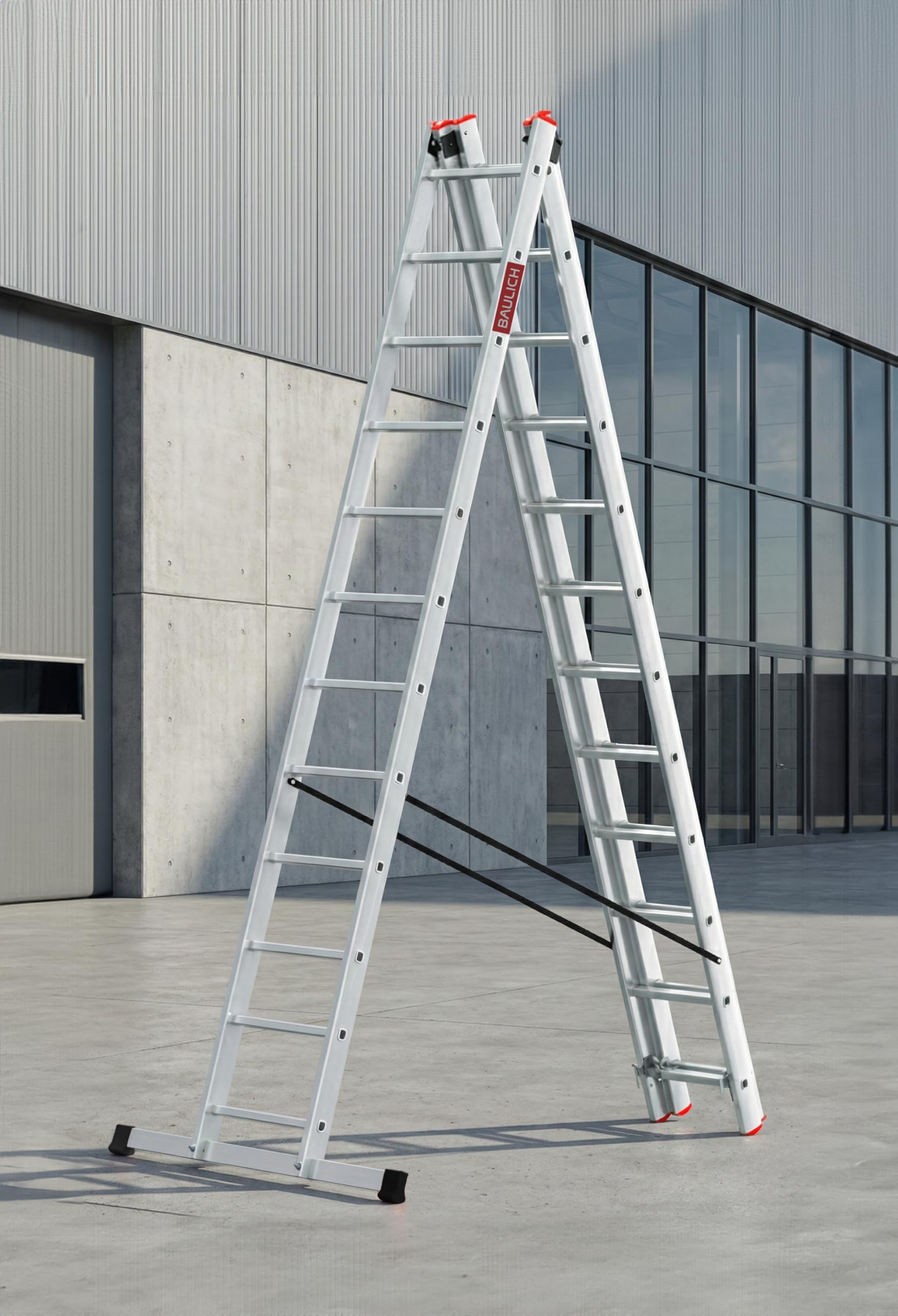 Mehrzweckleiter - Aluleiter - 3in1 Anlegeleiter, Stehleiter, Trittleiter - 12 Sprossen - DREI-Segmentig, Professionell, für Haus-, Renovierungs- und Bauarbeiten, mit Stabilisator, Silber