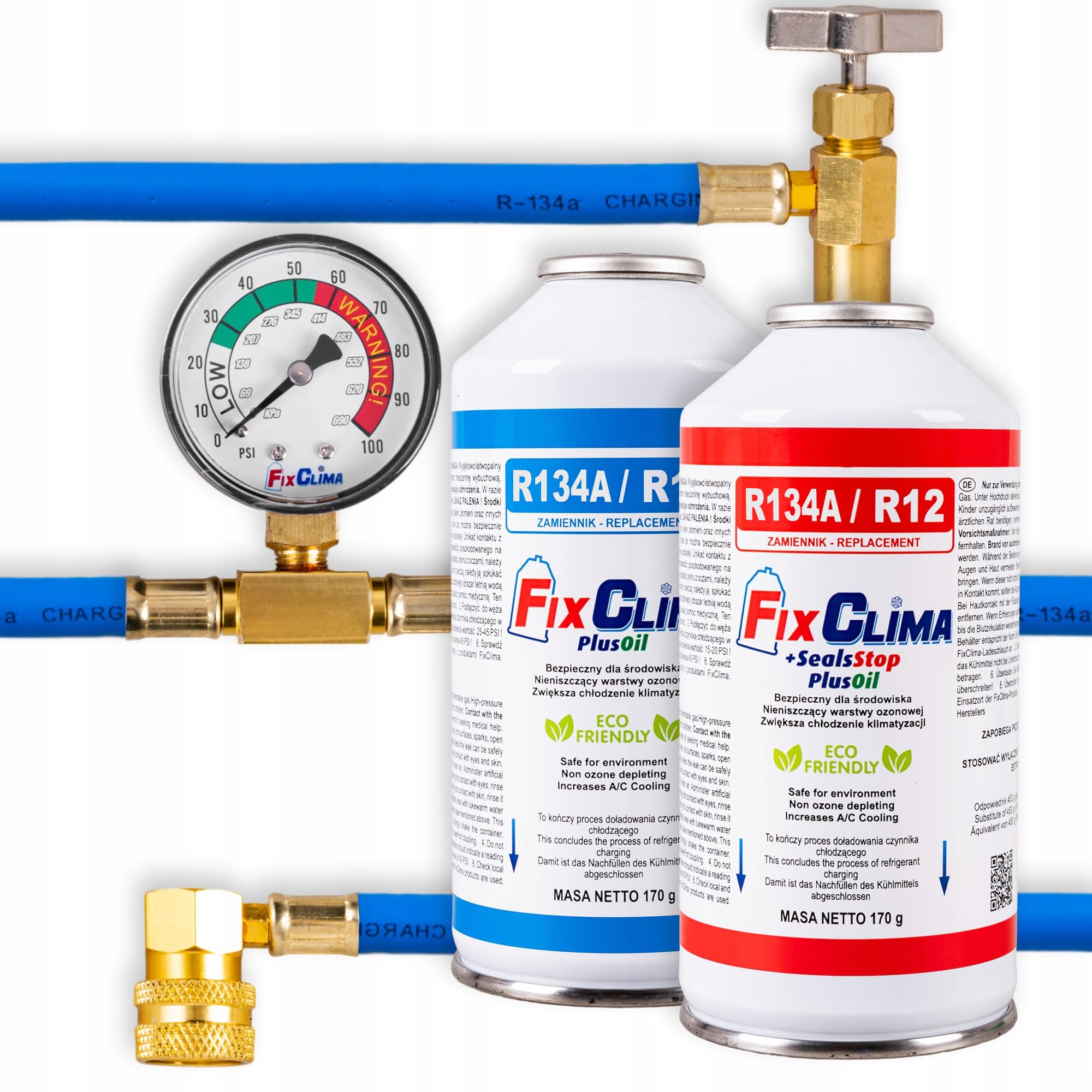 FixClima R134A Kit di Ricarica per Sistemi di Climatizzazione Automobilistici 1994-2016 - Gas Refrigerante 3in1 con Guarnizione di Tenuta e Manometro