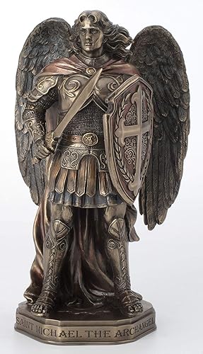 Veronese Design Espada y escudo de Arcángel de 11 pulgadas con base de resina fundida en frío, acabado de bronce, decoración del hogar