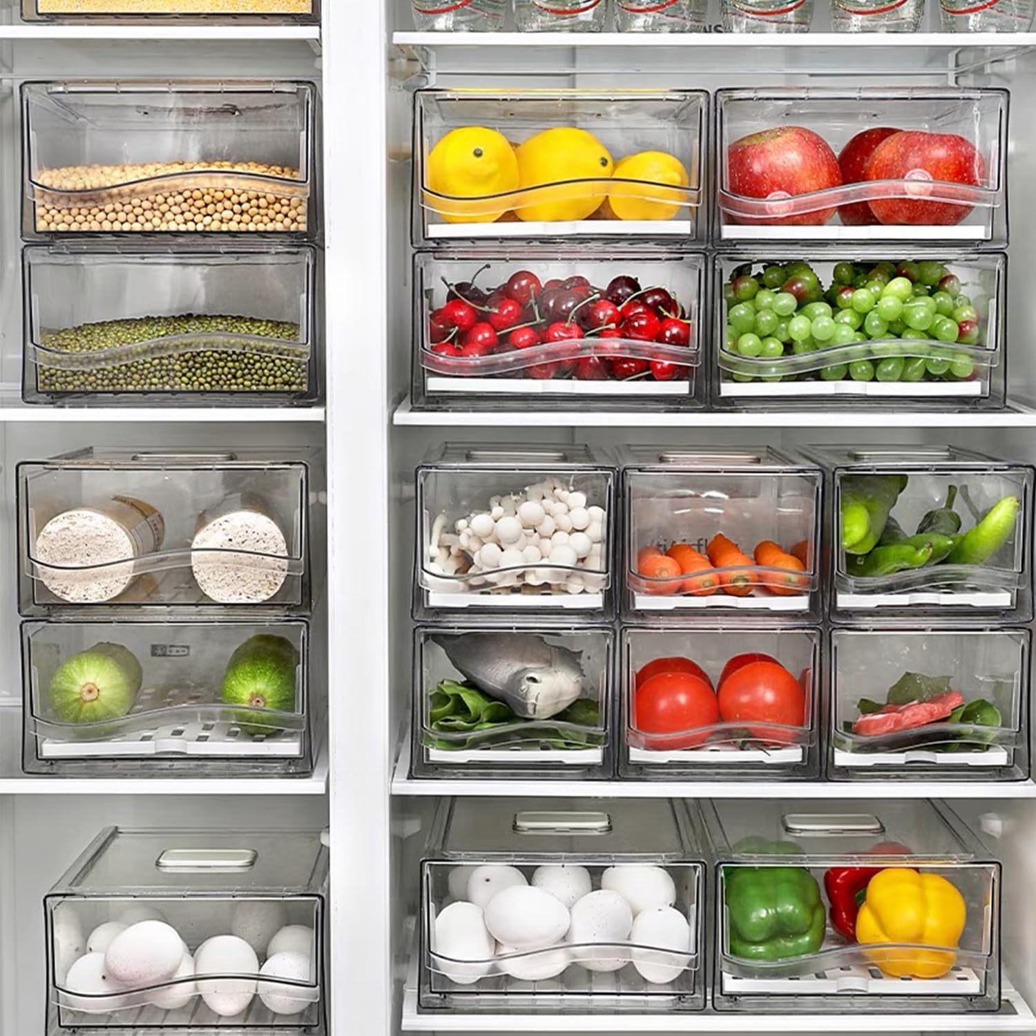 YekouMax Organizer Frigorifero, Impilamento Contenitori per Frigorifero, Salvaspazio, Riutilizzabile, Adatto per Cucina Familiare, Frigorifero, Ristorante, Ristorante Barbecue, Trasparente, Senza BPA
