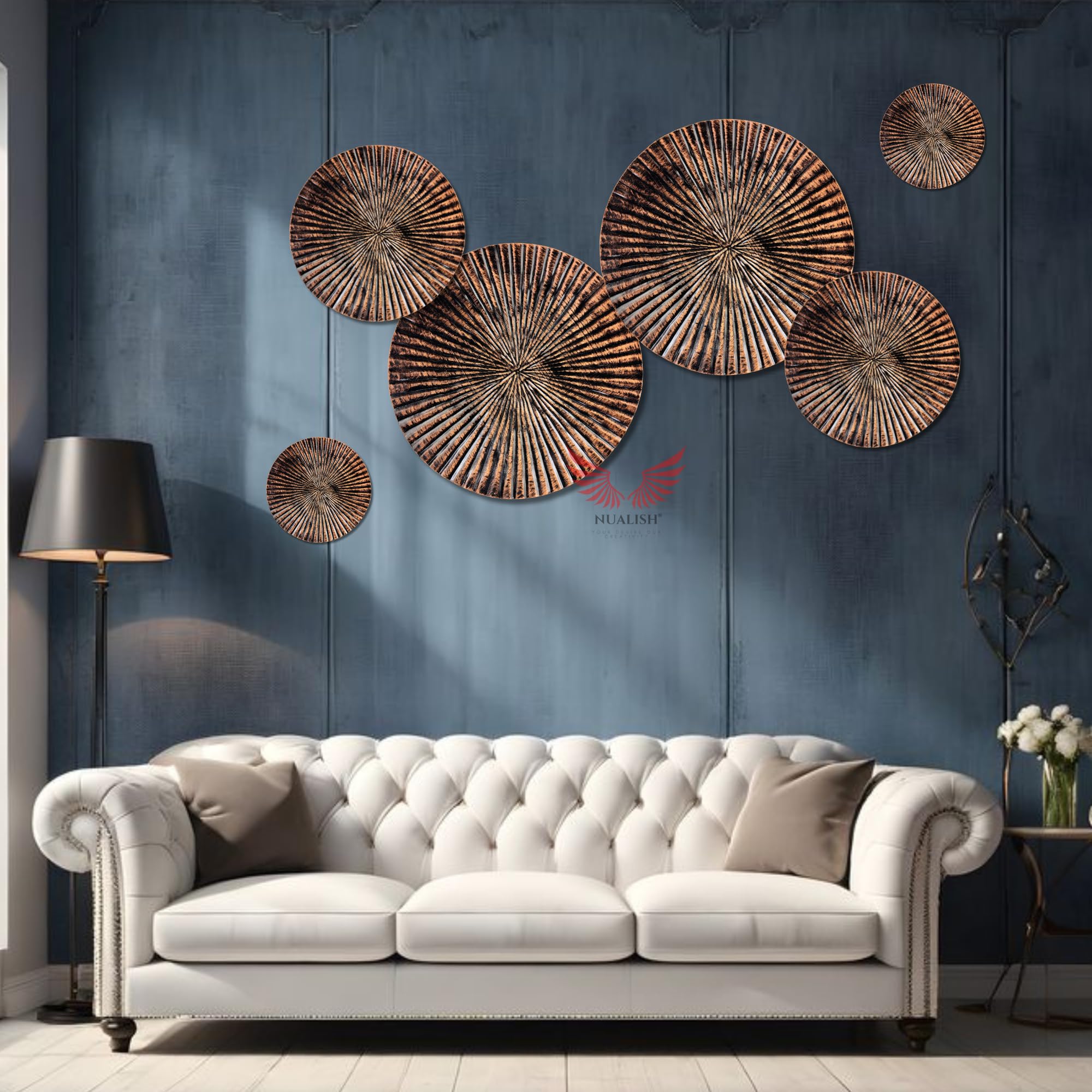 Nualish® Copper Sunburst Metal Wall Art Set of 6 | Modern Geometric Circle Décor | Handmade Living Room Wall Hanging | Bedroom | Restaurant | Cafe | Hotel | Office (Set of 6)-image-6