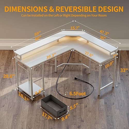 Miniatura 33 de CubiCubi Escritorio en forma de L de 59 pulgadas con puertos de carga USB y luces LED, escritorio de esquina para computadora con cajón y estante de