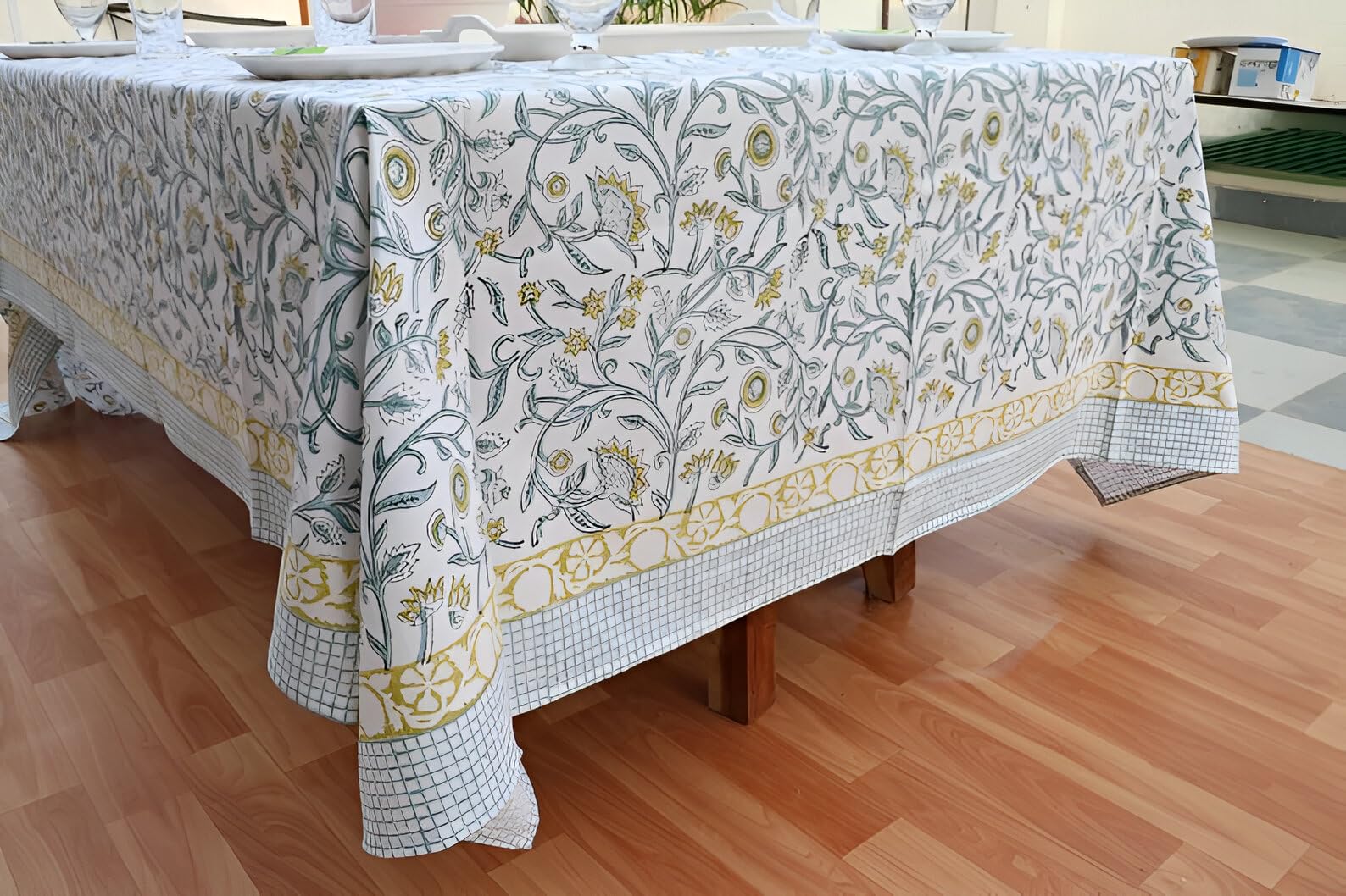 INDACORIFY Nappe à imprimé Floral Indien, Bloc à Main en Coton imprimé, Couverture de Table en Coton, Nappe rectangulaire, Cadeaux de Mariage