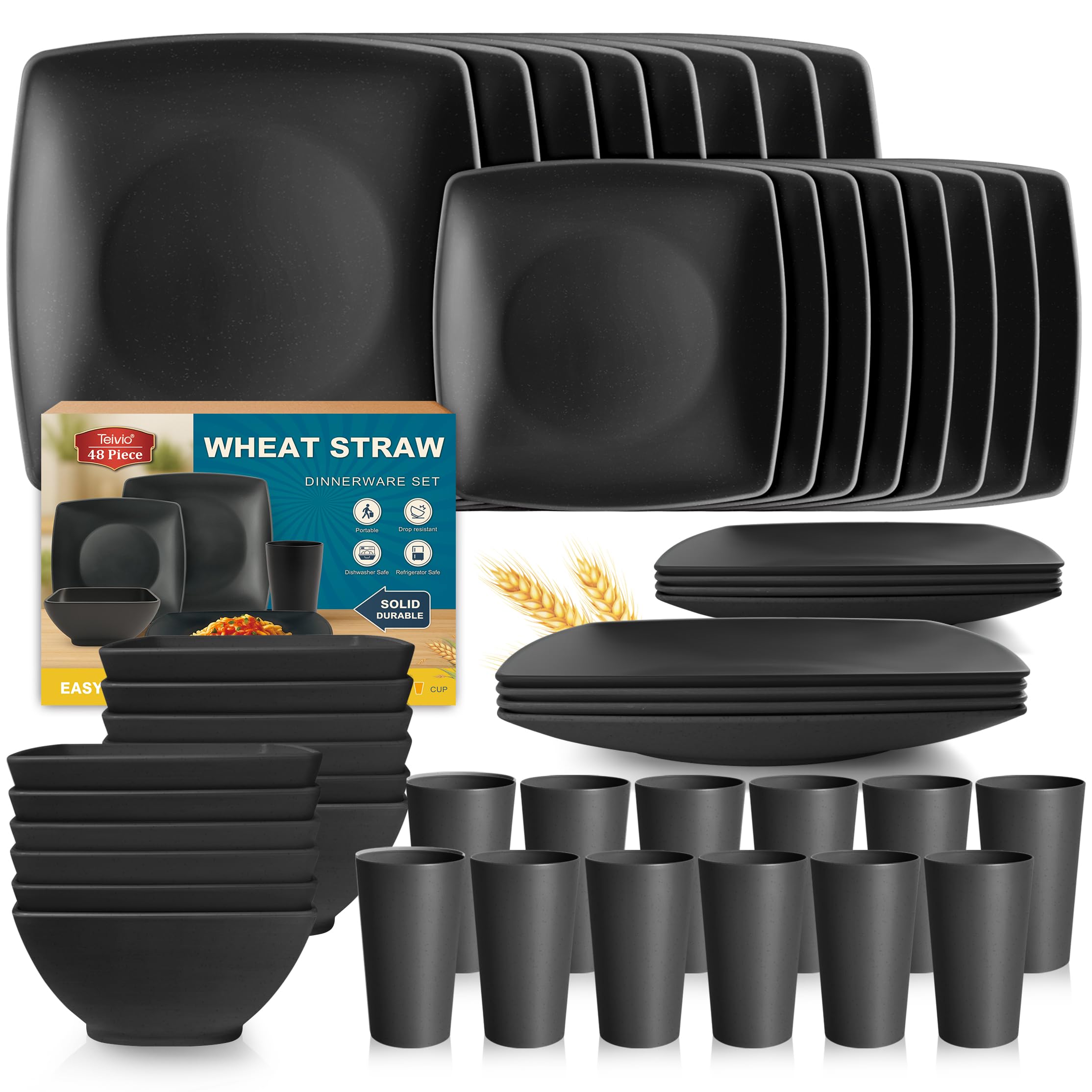 Photo 1 of Teivio 48-Piece Black Square Dinnerware Set