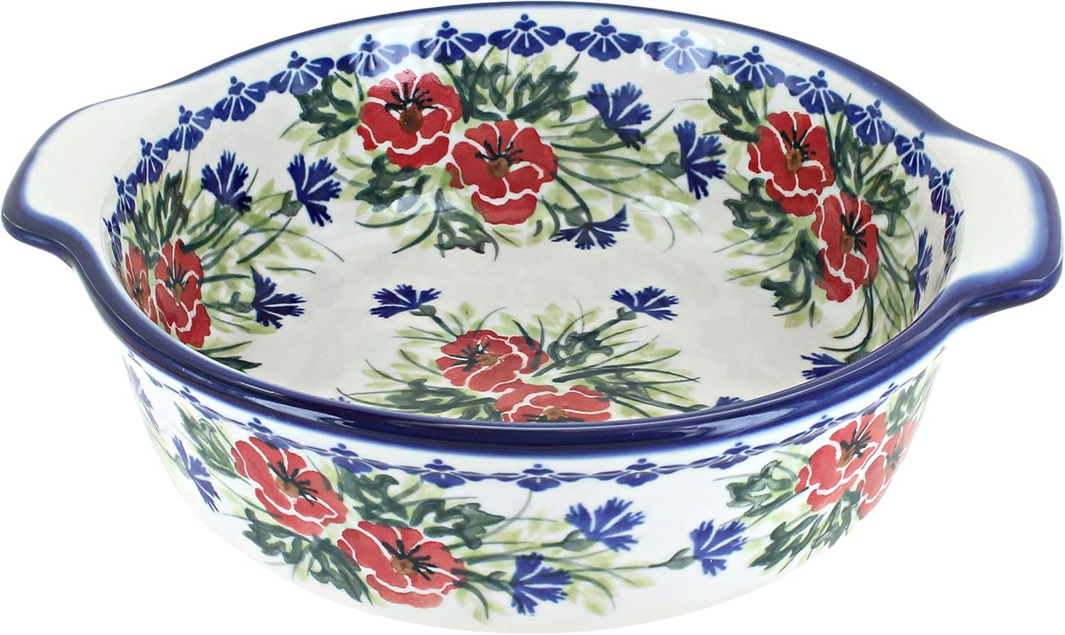 Blue Rose Polish Pottery - Cherry Red Bouquet Round Baker - 4 Cup Capacity - Unique, Dishwasher Safe, & Durable Bakeware