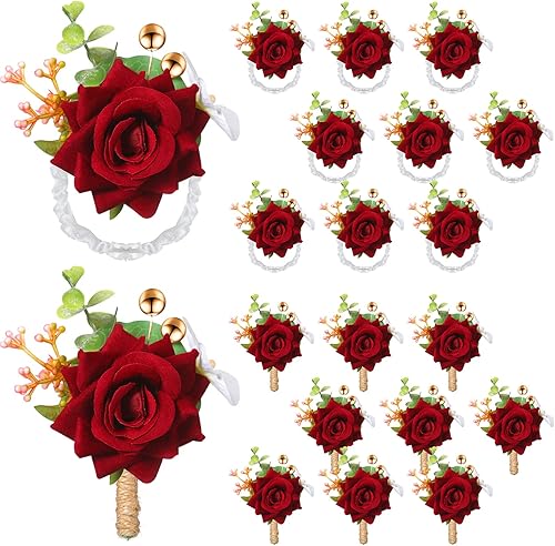 Juego de 20 ramilletes de rosas y boutonnier de flores, ramillete de muñeca, pulsera de pulsera para novio y hombre, Boutonniere de boda, flor de