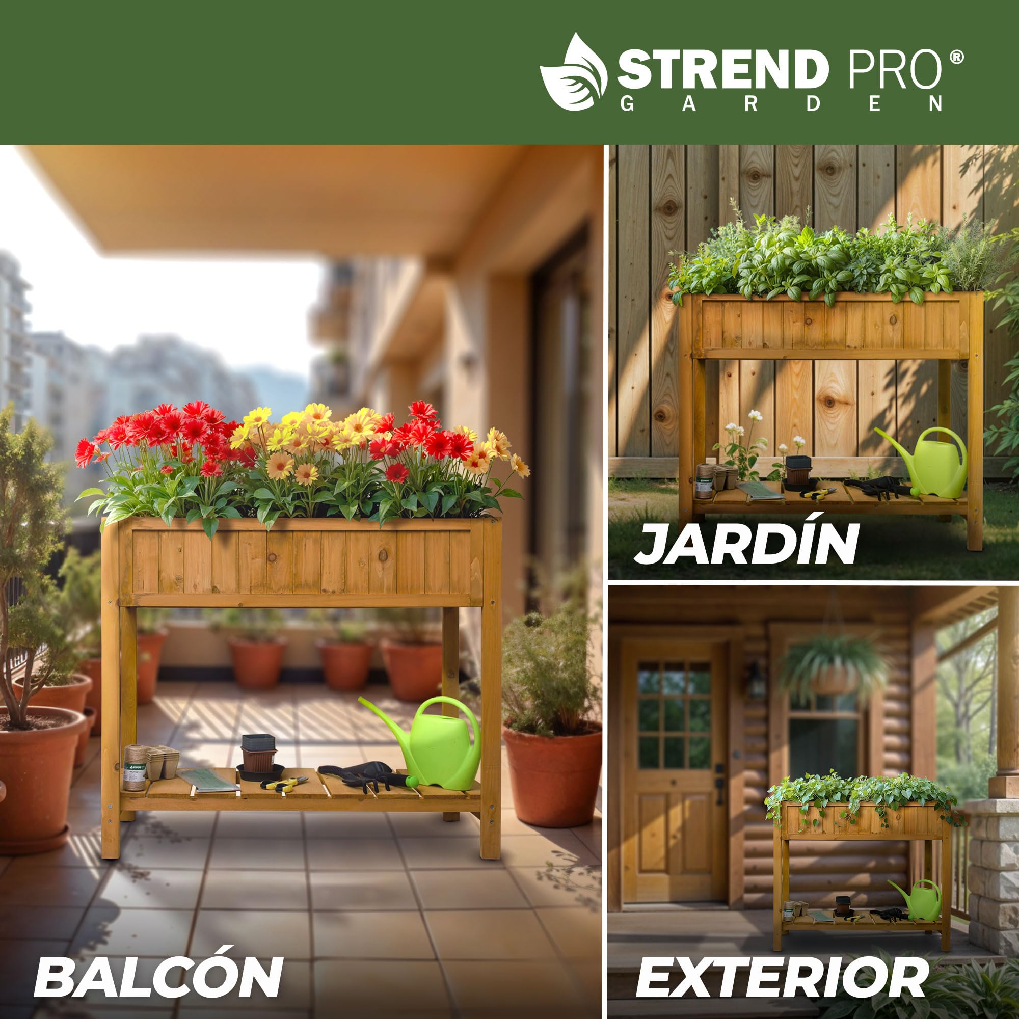 STREND PRO Jardinera para balcón, 76 cm x 33 cm x 89 cm (largo x ancho x largo), bancal de madera con estante y lámina impermeable para plantas, pequeño bancal estrecho ideal para balcón, terraza y