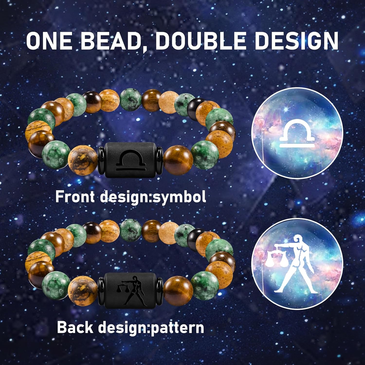 FANCIBAND Zodiac Bracelet for Men Women, 2pcs Stainless Steel Chain Bracelet and 8mm Natural Tiger Eye Stone Bead Bracelets with Zodiac Stone Black Star Sign Constellation Horoscope Bracelet Stretch - Image 2