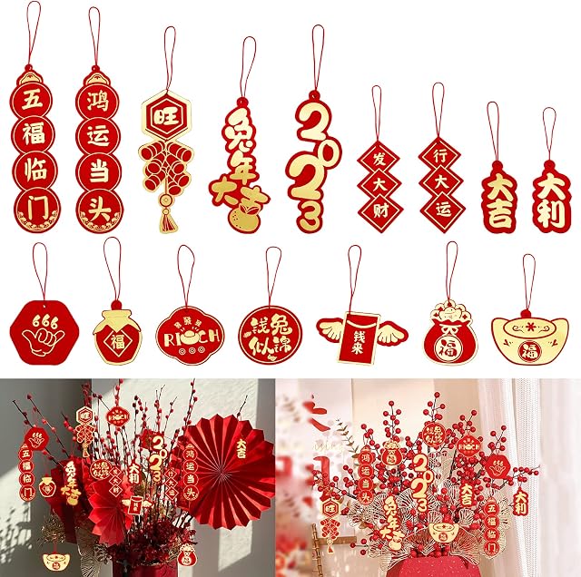 16pcs Chinese Decorations Red New Year Decoration Chinese Hanging Ornament,Chinese 2023 New Year Ornaments Traditional Lucky Fu Pendants for Home Office Car Spring Festival Decor