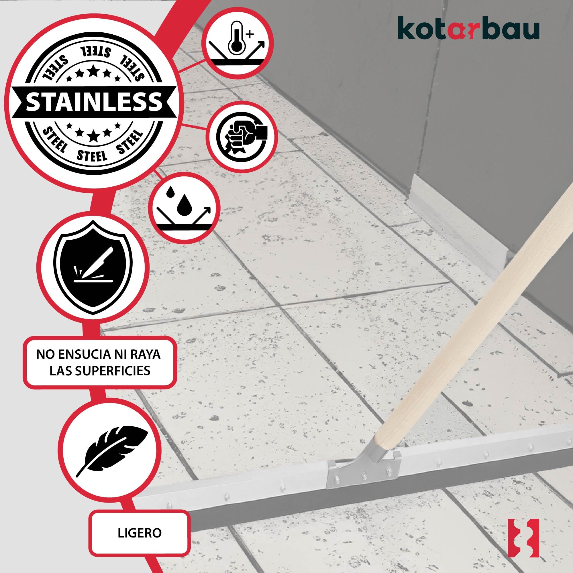KOTARBAU® Escoba de Goma para Suelo - Acero - 75 cm - con Palo de Madera - 150 cm - Escoba De Agua - para Interior y Exterior - Haragán De Limpieza - Escobilla de Goma para Suelo