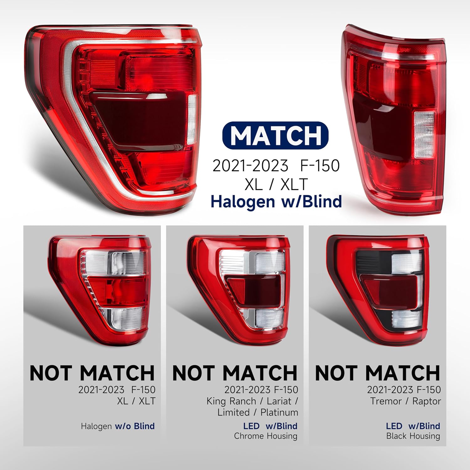 Tail Light Assembly Compatible with Ford F150 XL XLT 2021 2022 2023, F150 Halogen W/Blind Spot Taillight W/Bulbs & Harnesses, Left Driver Side, OEM: ML3Z13405C