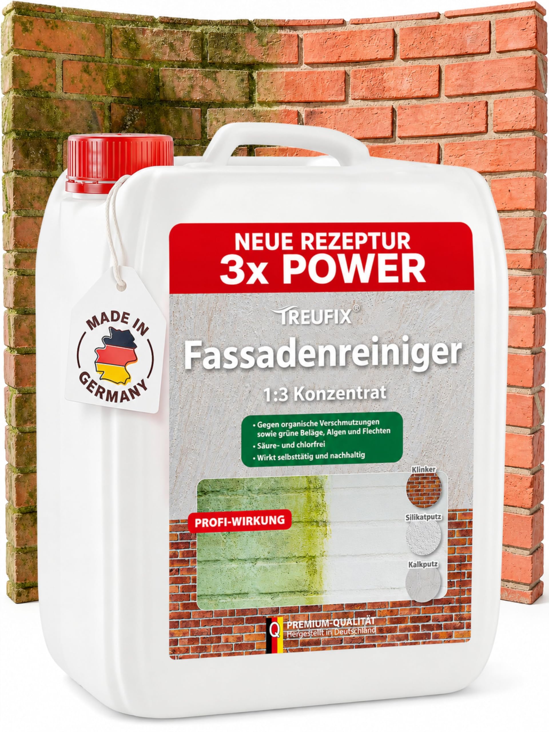 Treufix Fassadenreiniger Konzentrat 5L kraftvoll gegen Algen & Grünbelag | Profi Fassadenreinigung gegen organische Verschmutzungen für Putz, Beton, Klinker Hauswand & mineralische Fassaden