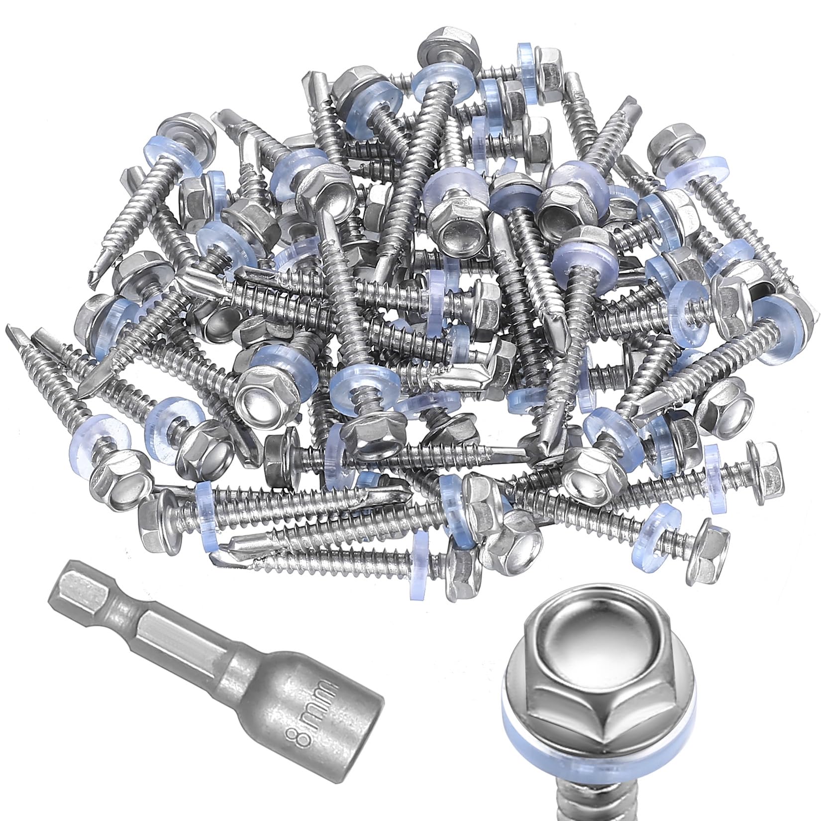 50pcs Self-Drilling Roofing Screws M4.8 x38mm, Stainless Steel 401 Hex Head Screws with Washer, Metal Roof Screws with Sealing Washer, Self-Tapping Sheet Metal Screws + 8mm Socket — image 1