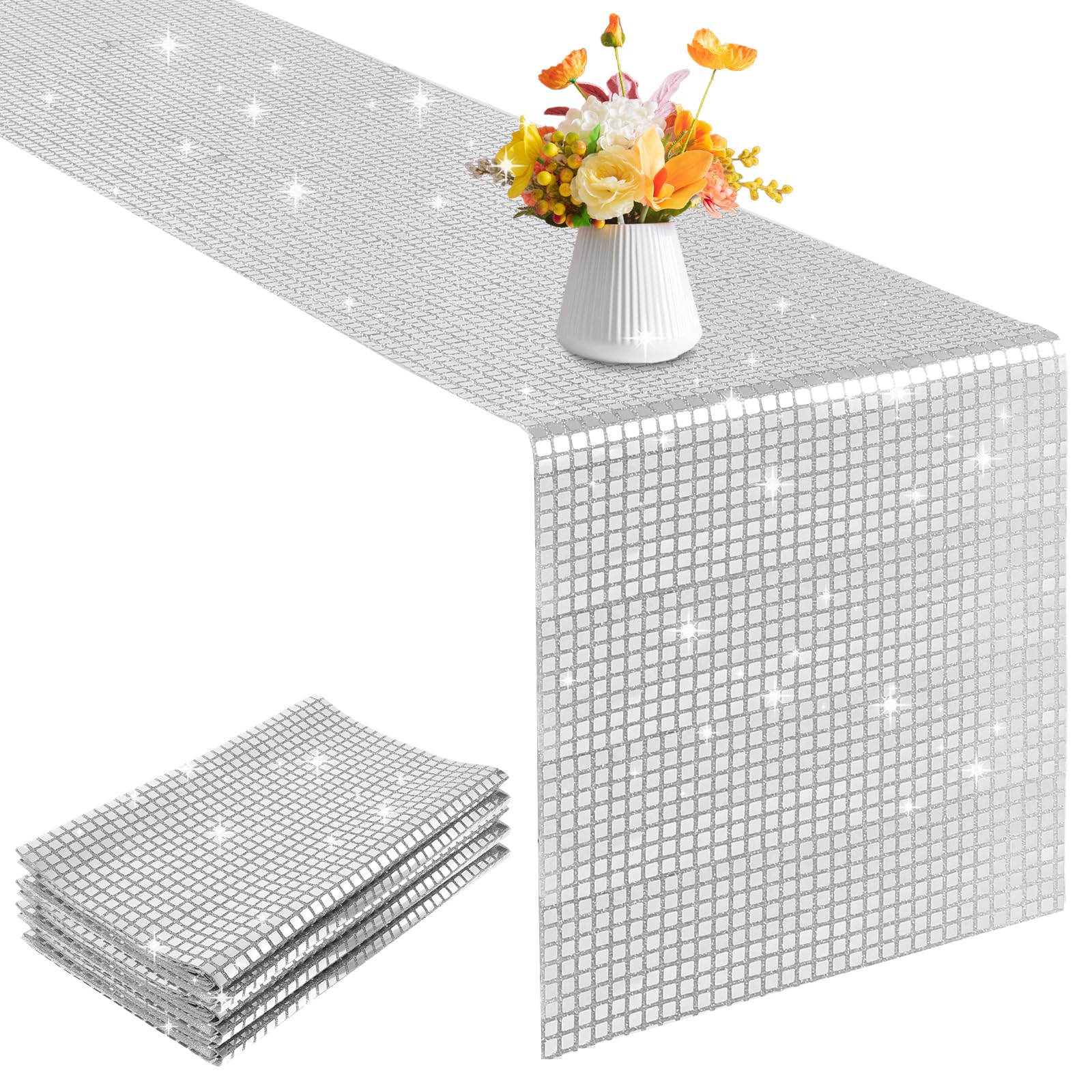 Photo 1 of 4 Pack Glitter Disco Party Table Runner 12 x 108 Inches Mirror Silver Foil Decor for 70s 80s Disco Party Decorations Birthday Home Table Decorations