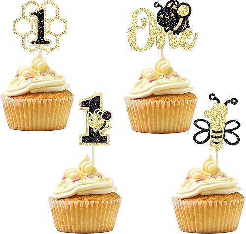 Gyufise 24 adornos para cupcakes con purpurina negra y dorada con diseño de panal número 1 de abeja, decoración de pastel de primer cumpleaños para