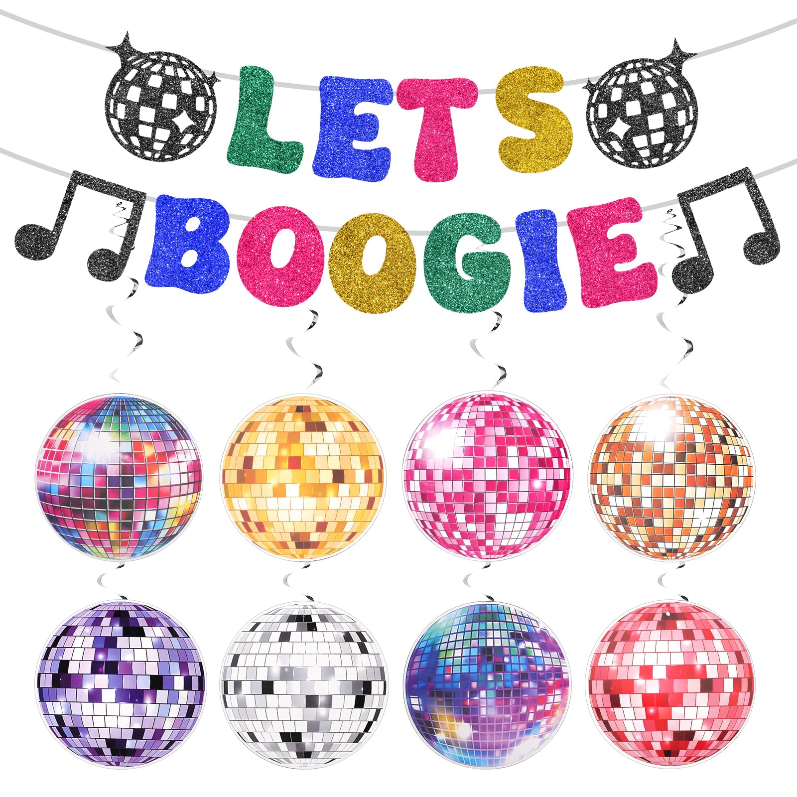 70s Party Decorations - 2pcs Banner, 8pcs Hanging Swirls, Disco Themed Let's Boogie Banner for 60s/70s/80s/90s Disco Birthday Party Baby Shower
