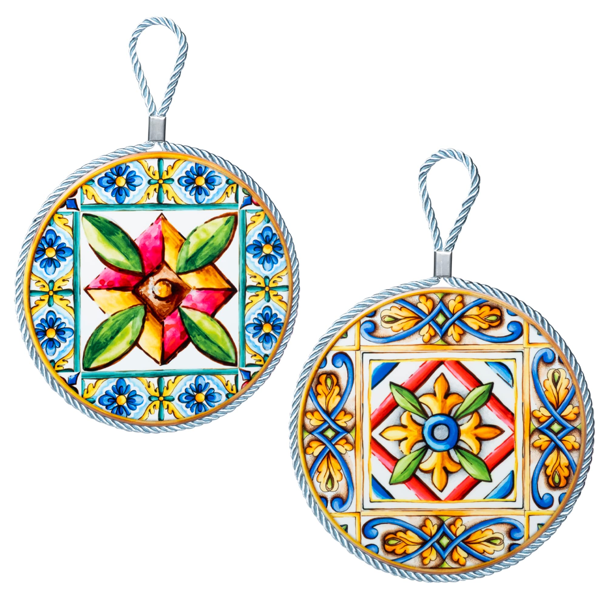 Moorg Piatto Ceramica Decorato da Appendere Set da 2, 16x16 cm, Piastrelle Siciliane Maiolica, Sughero