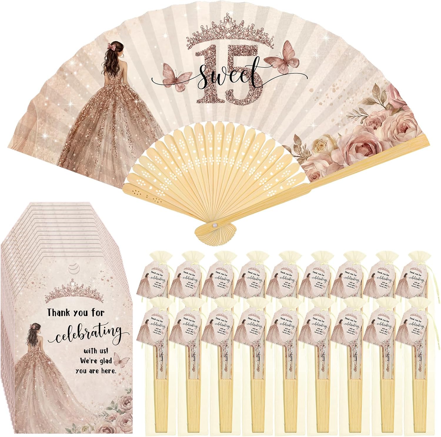 Threehoney 18 Sets Quinceanera Party Favors Bamboo Folding Paper Fans with Cards 15 Birthday Gifts Quinceanera Thank You Gift for Guests Sweet 15th Party Supply Decorations (Champagne Gold Pink)