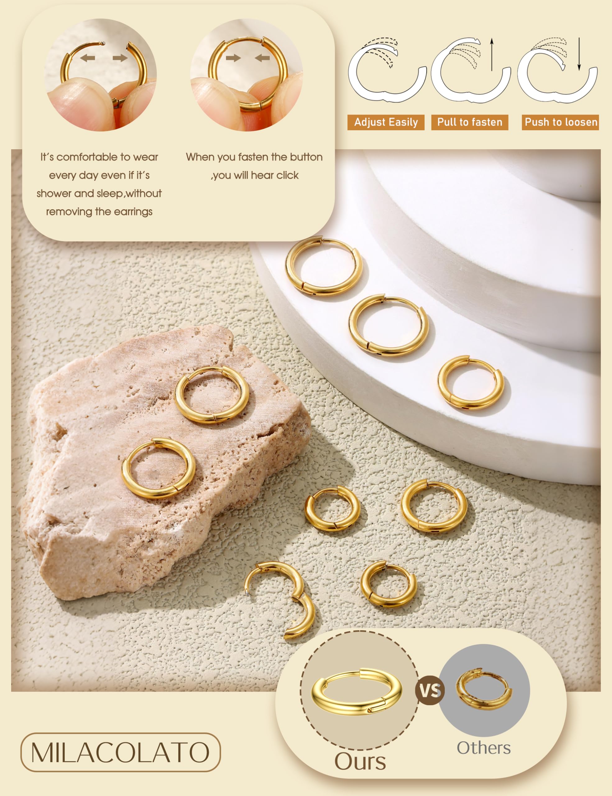 MILACOLATO Orecchini Cerchio Piccoli Per Donna Uomo Acciaio Chirurgico Cartilagine Orecchini Huggie Lobo Naso Anello Labbro Daith Helix Piercing Gioielli Orecchini a Cerchio Hinged 6/7/8/9/10mm